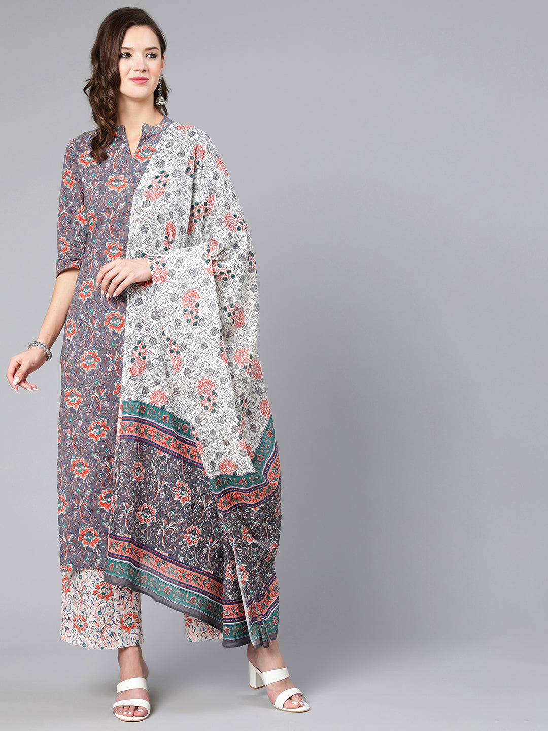 Grey Ethnic Printed Straight Kurta With Palazzo And Dupatta