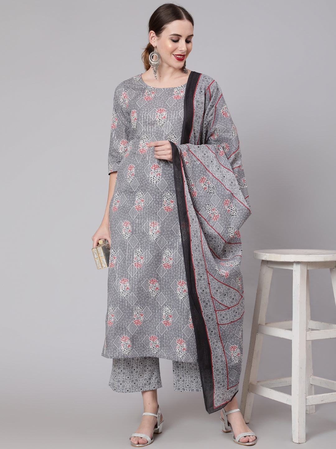 Grey Silver Striped Printed Kurta With Palazzo And Dupatta