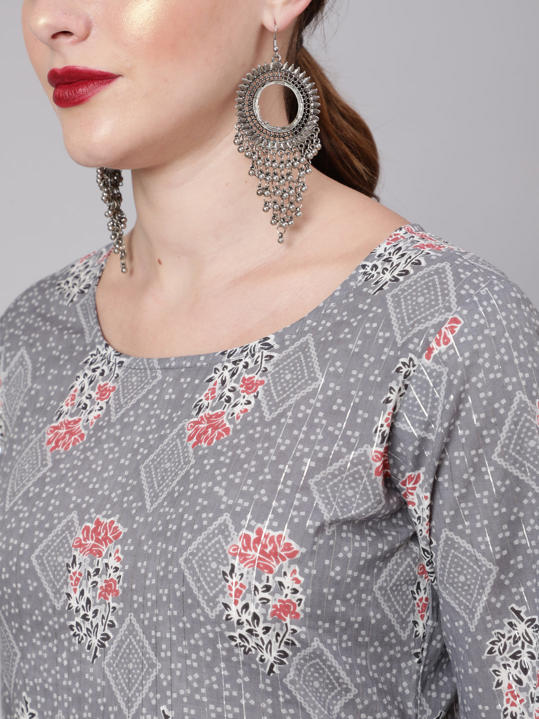 Grey Silver Striped Printed Kurta With Palazzo And Dupatta