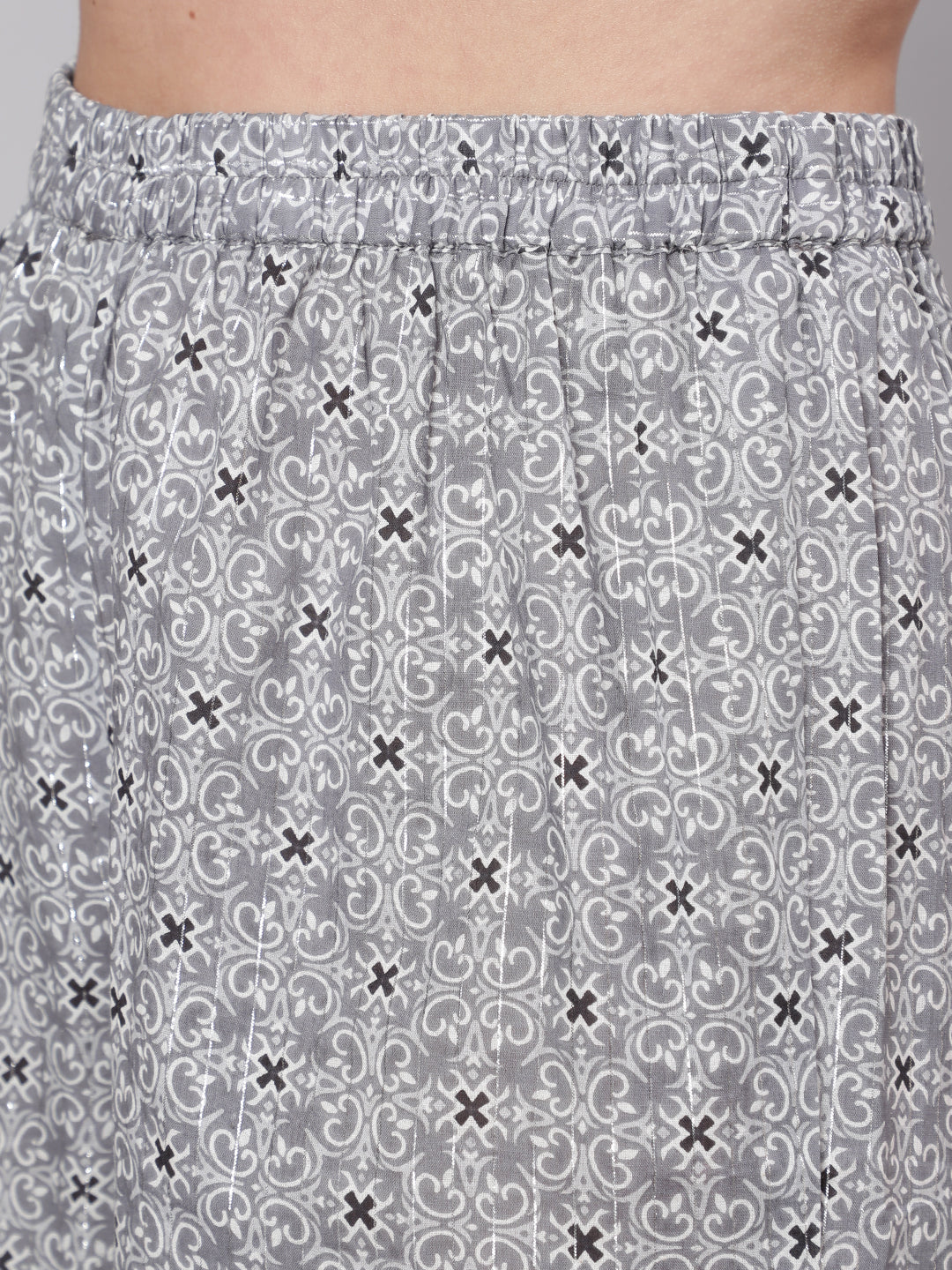 Grey Silver Striped Printed Kurta With Palazzo And Dupatta