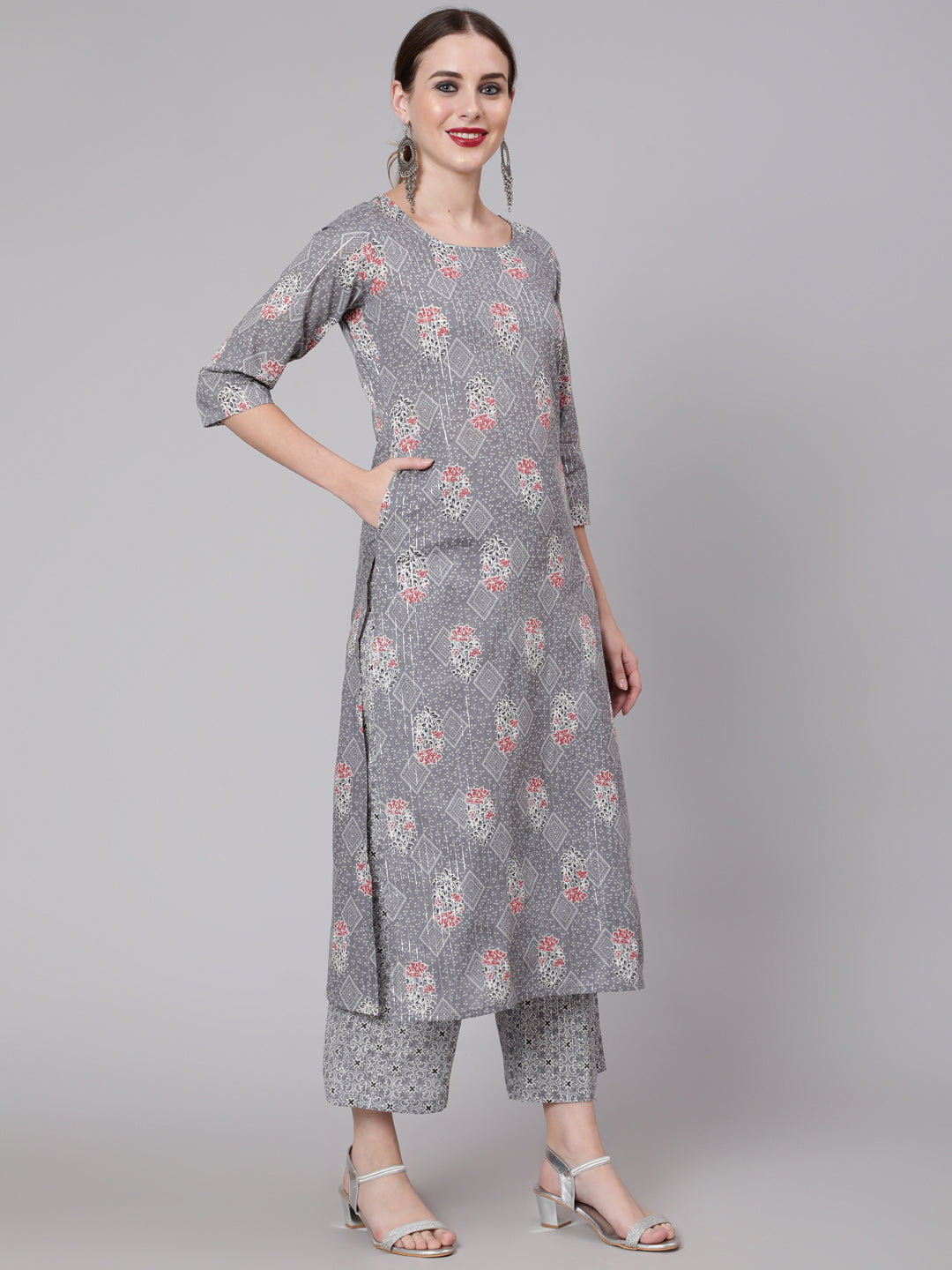 Grey Silver Striped Printed Kurta With Palazzo And Dupatta