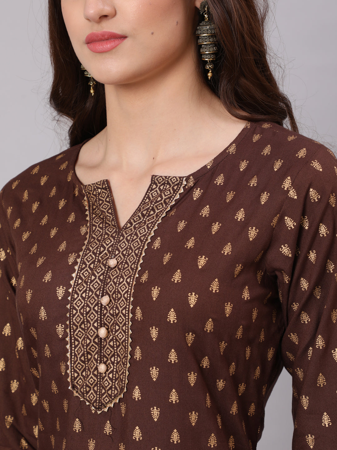 Choklet Brown Ethnic Kurta With Palazzo And Net Dupatta