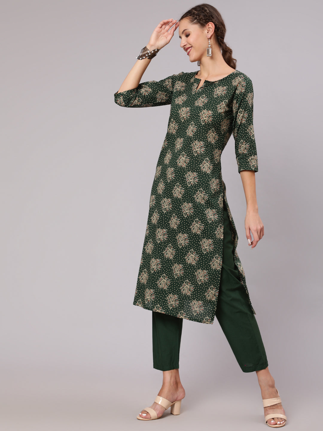 Green Ethnic Printed Kurta And Palazzo With Dupatta