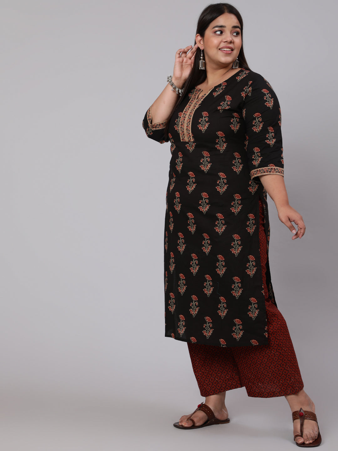 Plus Size Black Printed Straight Kurta With Palazzo & Dupatta