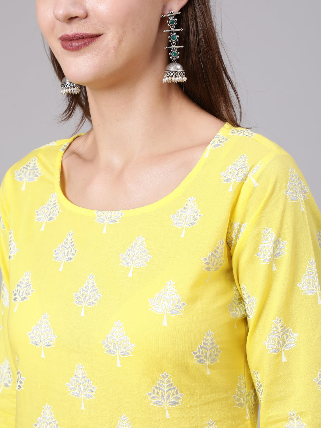 Yellow Printed Straight Kurta With Solid White Palazzo