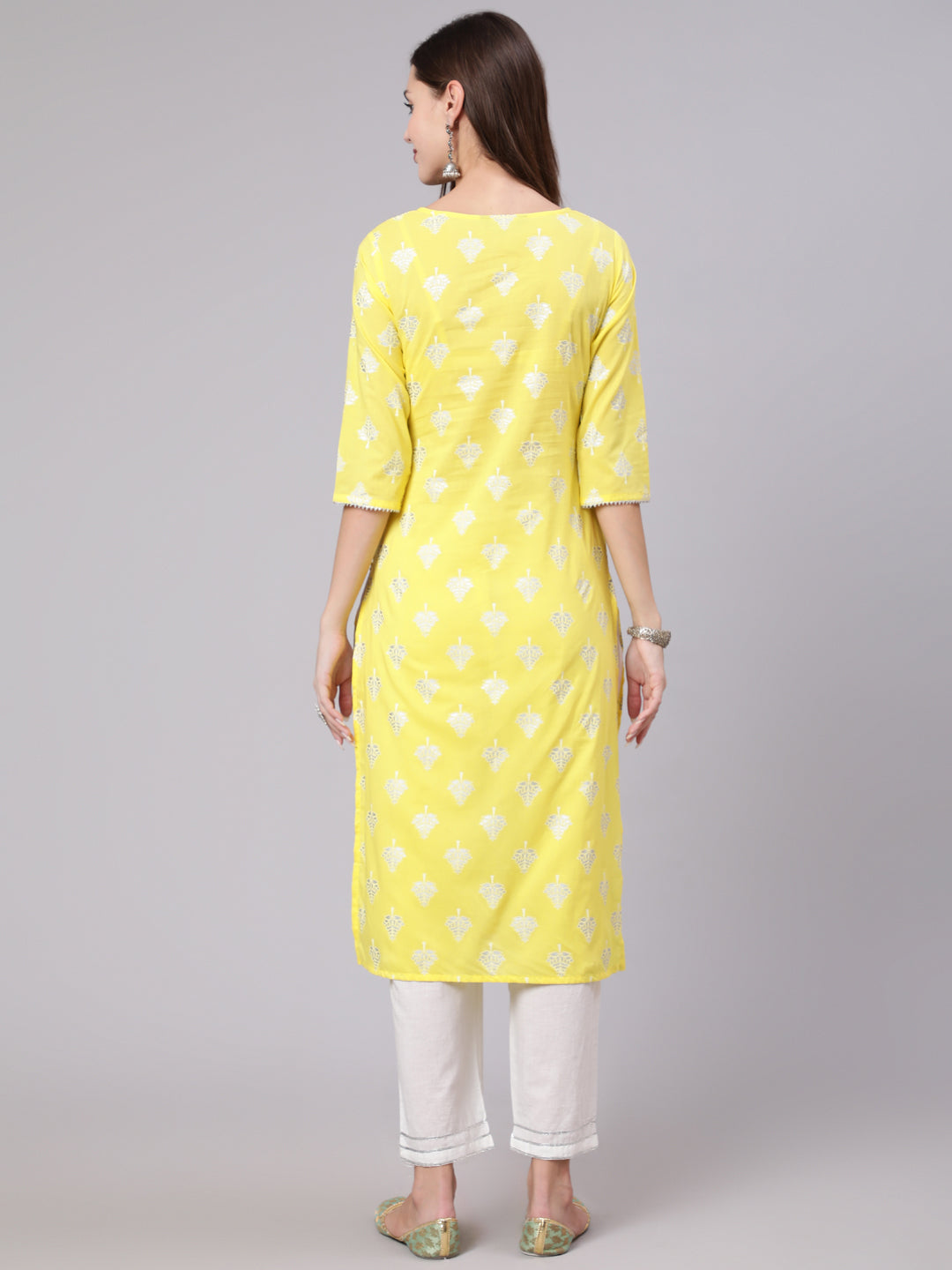 Yellow Printed Straight Kurta With Solid White Palazzo
