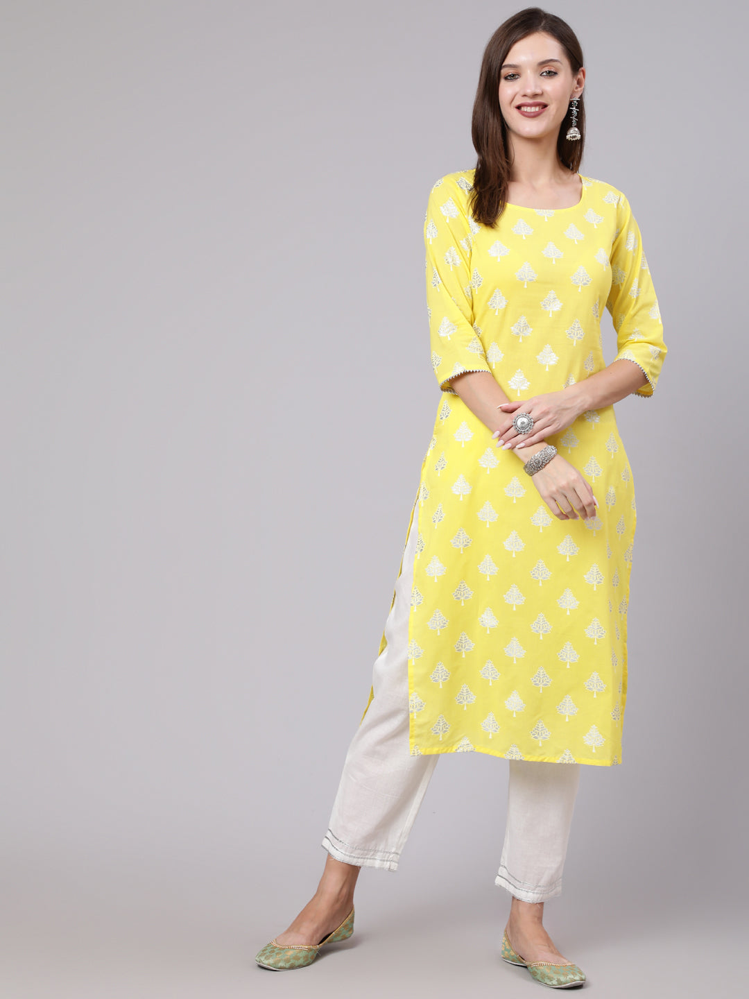 Yellow Printed Straight Kurta With Solid White Palazzo