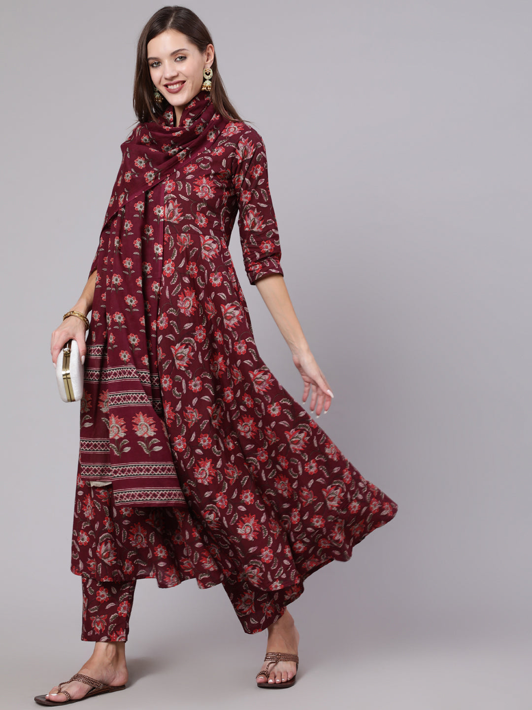Burgundy Ethnic Printed Flared Kurta With Trouser And Dupatta