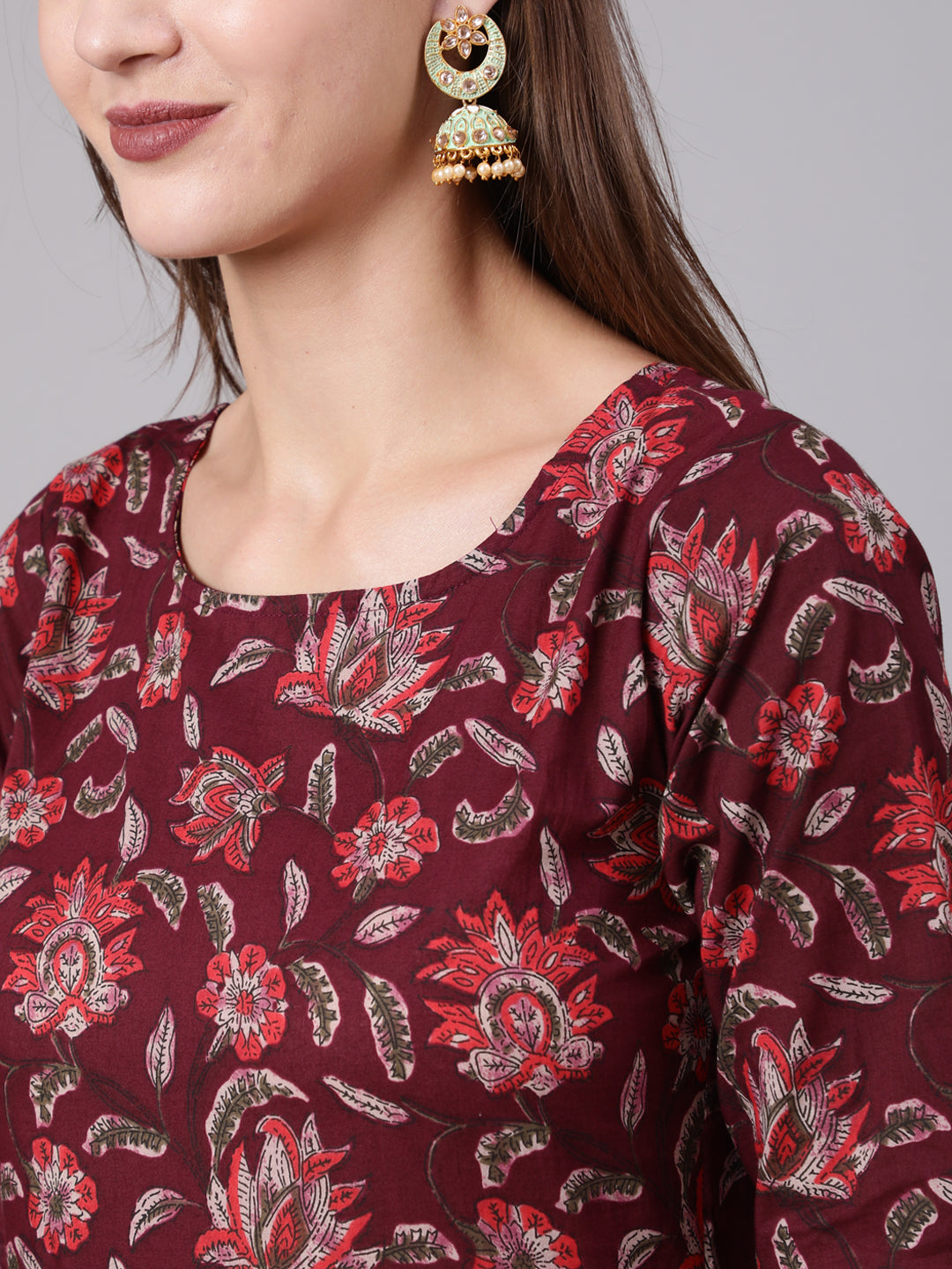 Burgundy Ethnic Printed Flared Kurta With Trouser And Dupatta