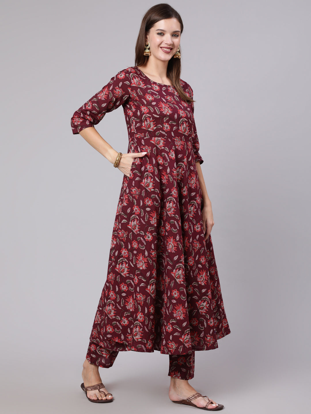 Burgundy Ethnic Printed Flared Kurta With Trouser And Dupatta