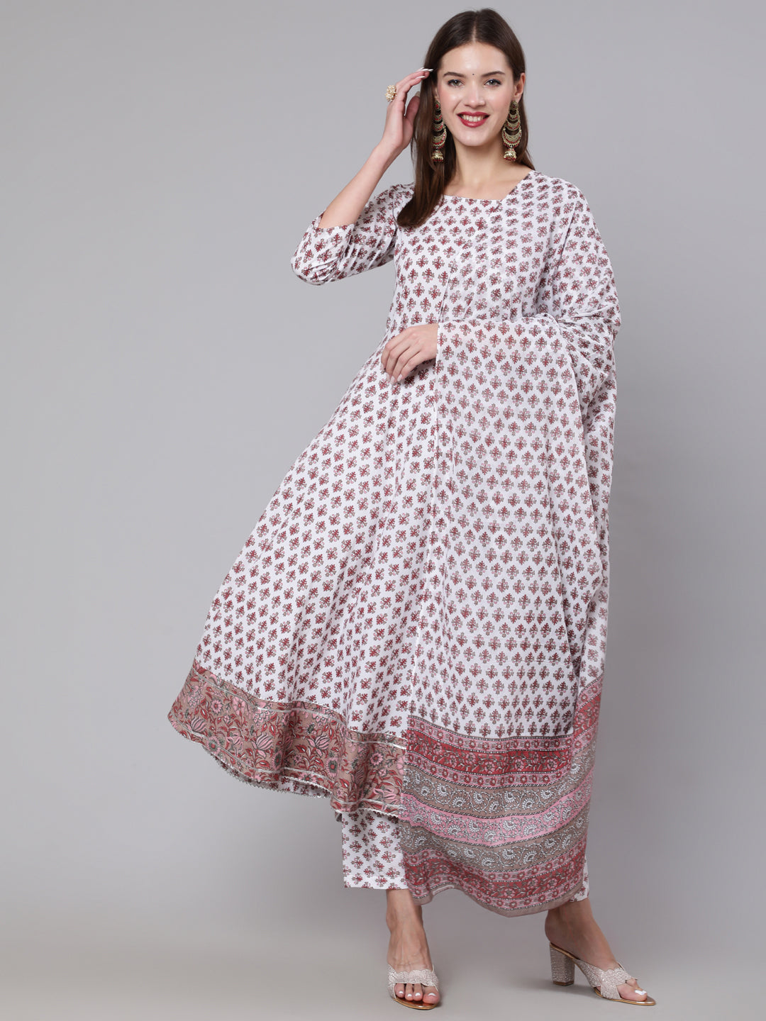 Off White Flared Kurta With Trouser & Dupatta