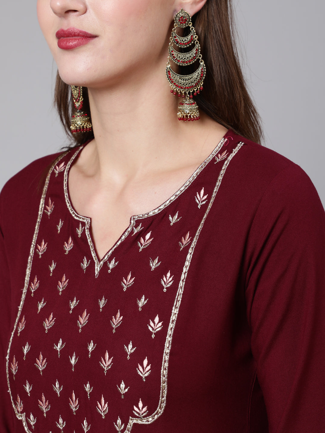 Burgundy Embroidered Kurta With Palazzo & Dupatta