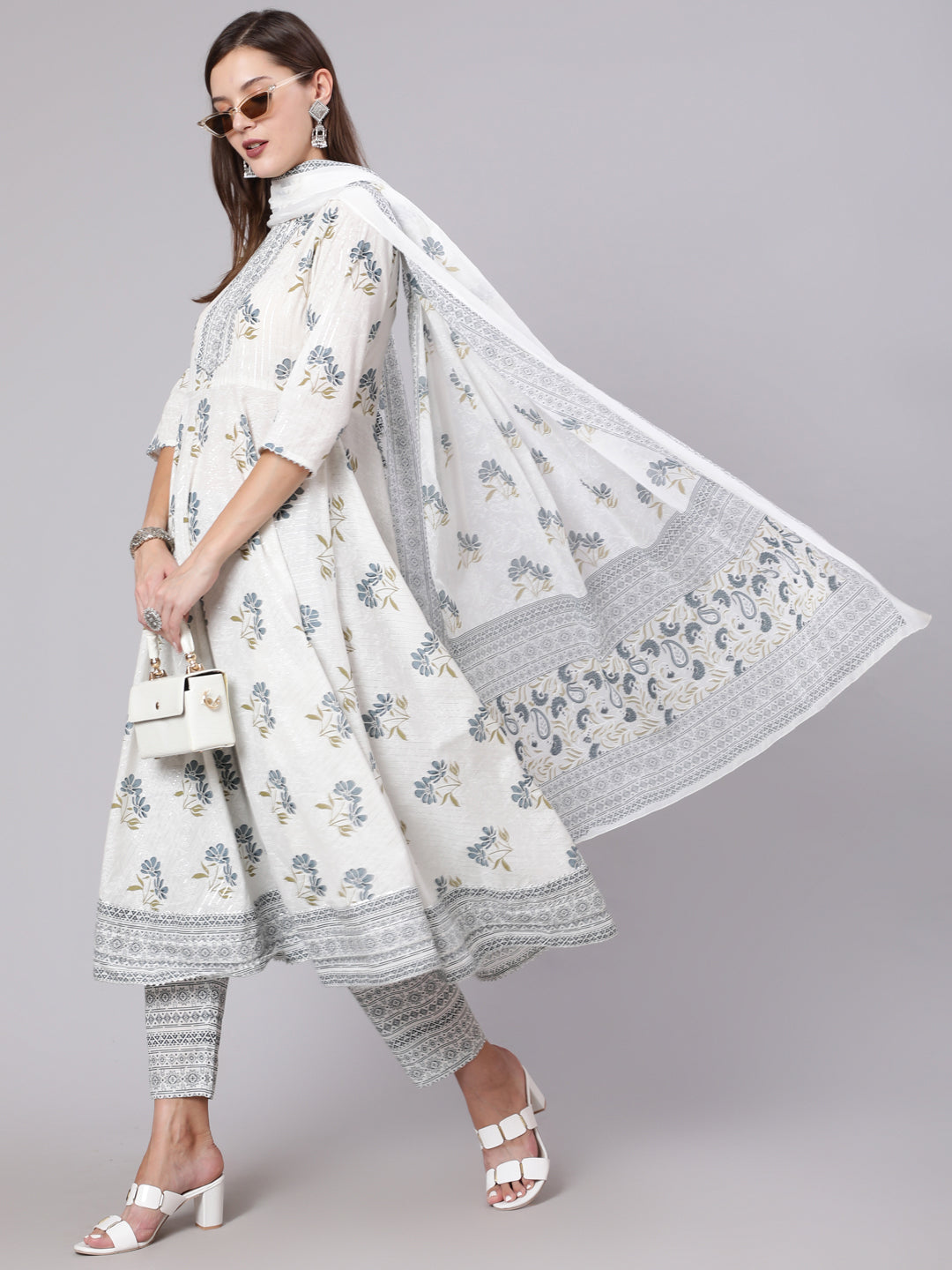 Grey Printed Flared Kurta With Trouser & Dupatta