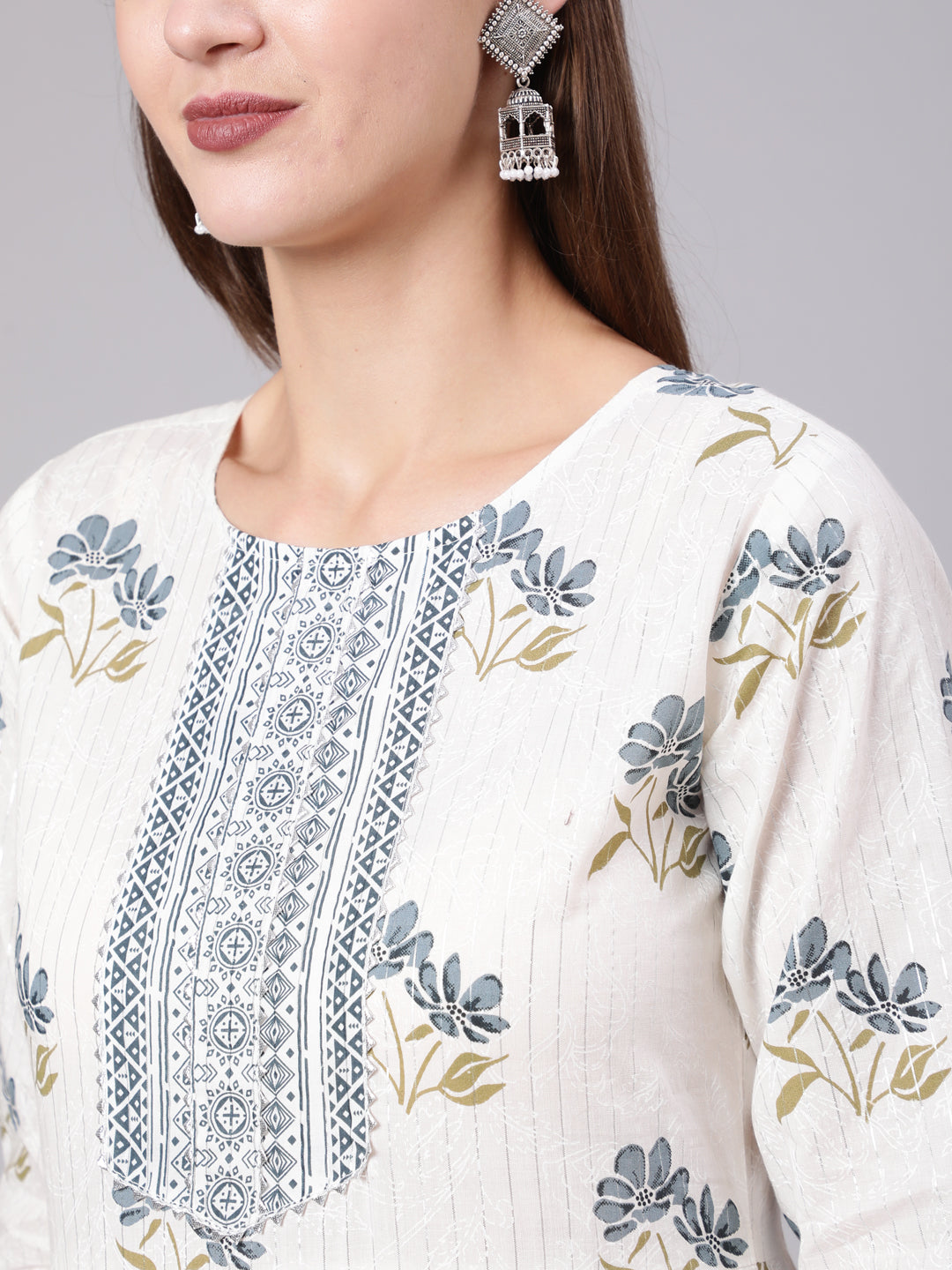 Grey Printed Flared Kurta With Trouser & Dupatta