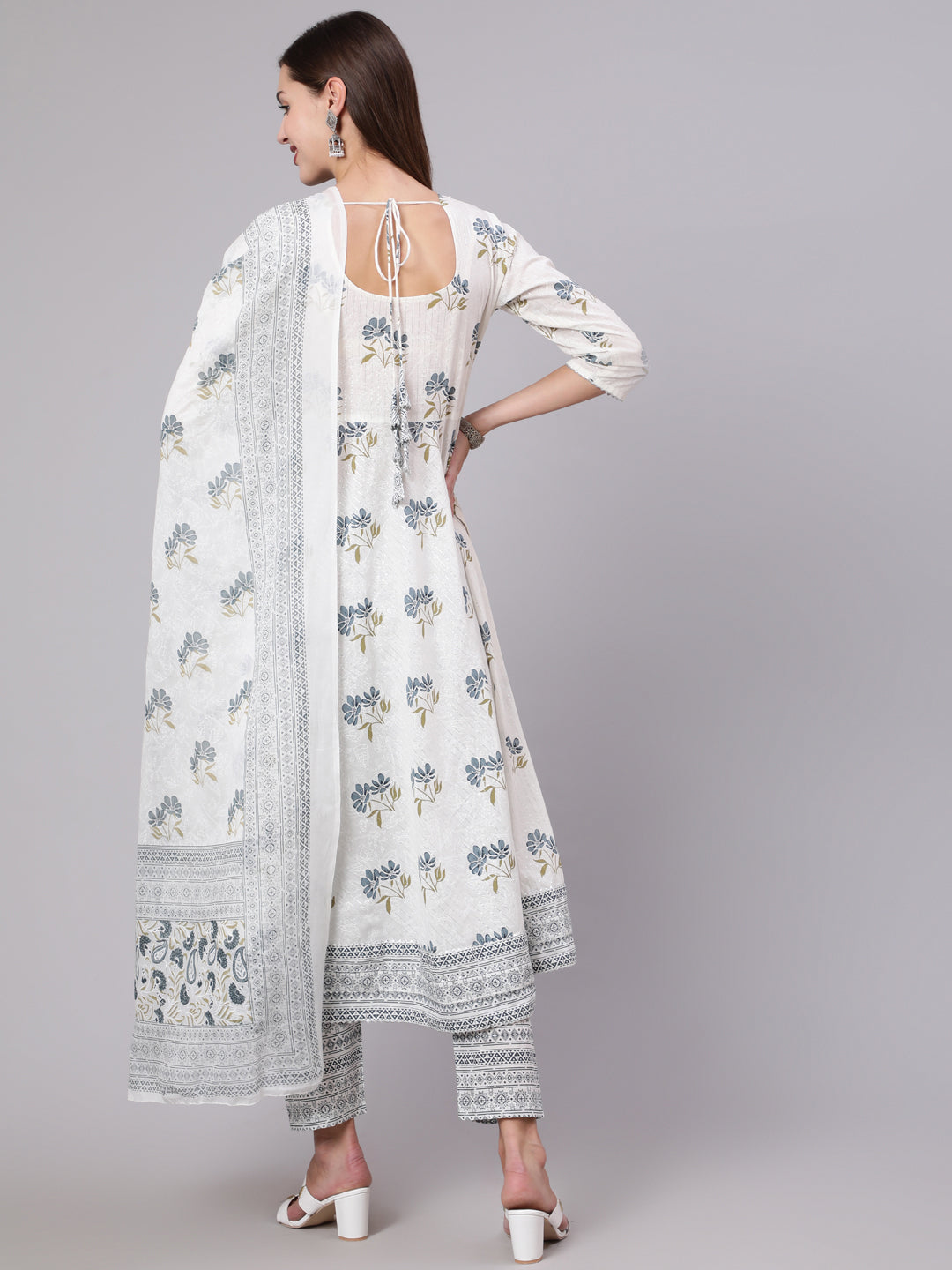 Grey Printed Flared Kurta With Trouser & Dupatta