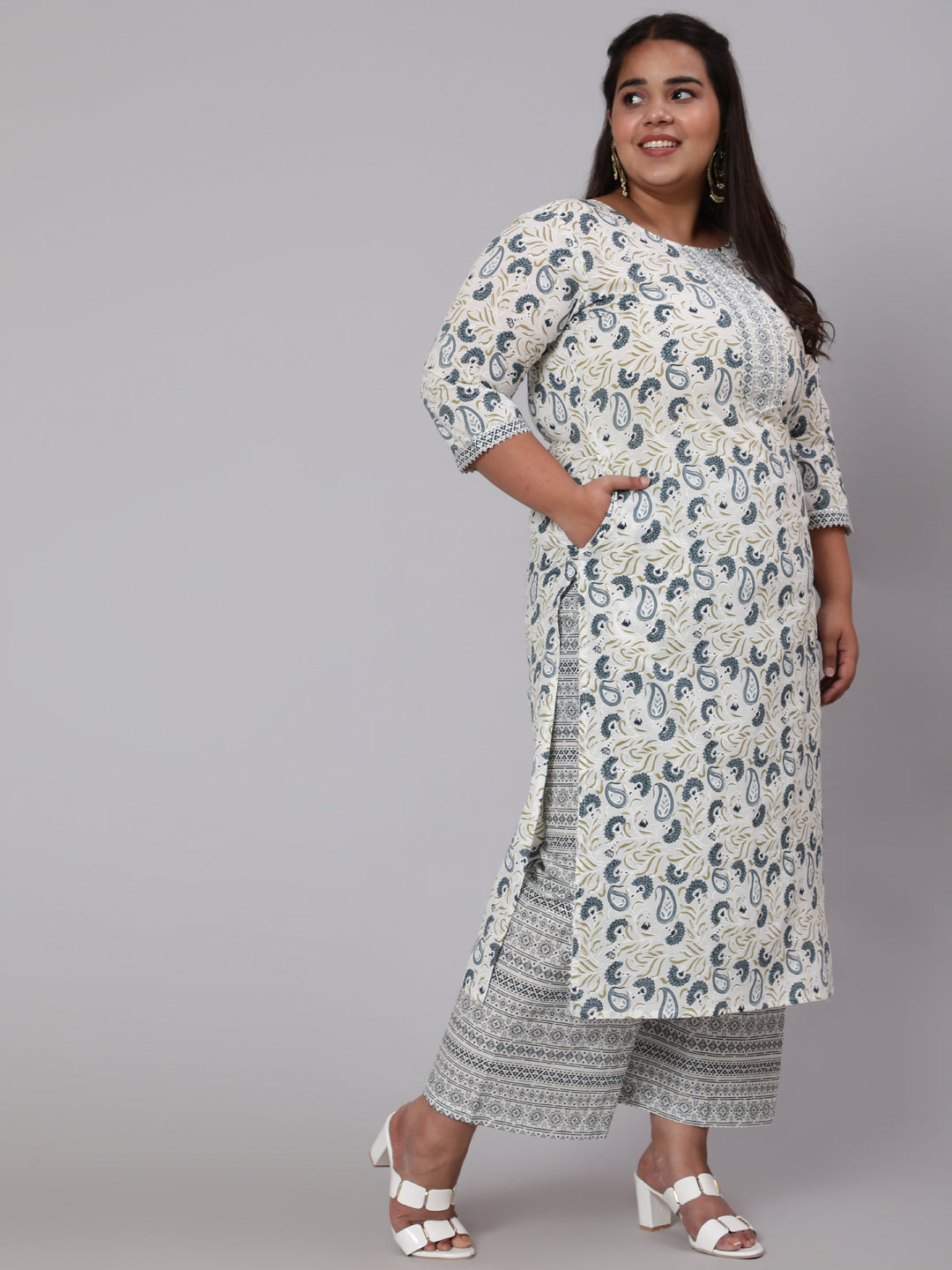 Plus Size Grey Printed Kurta And Palazzo With Dupatta