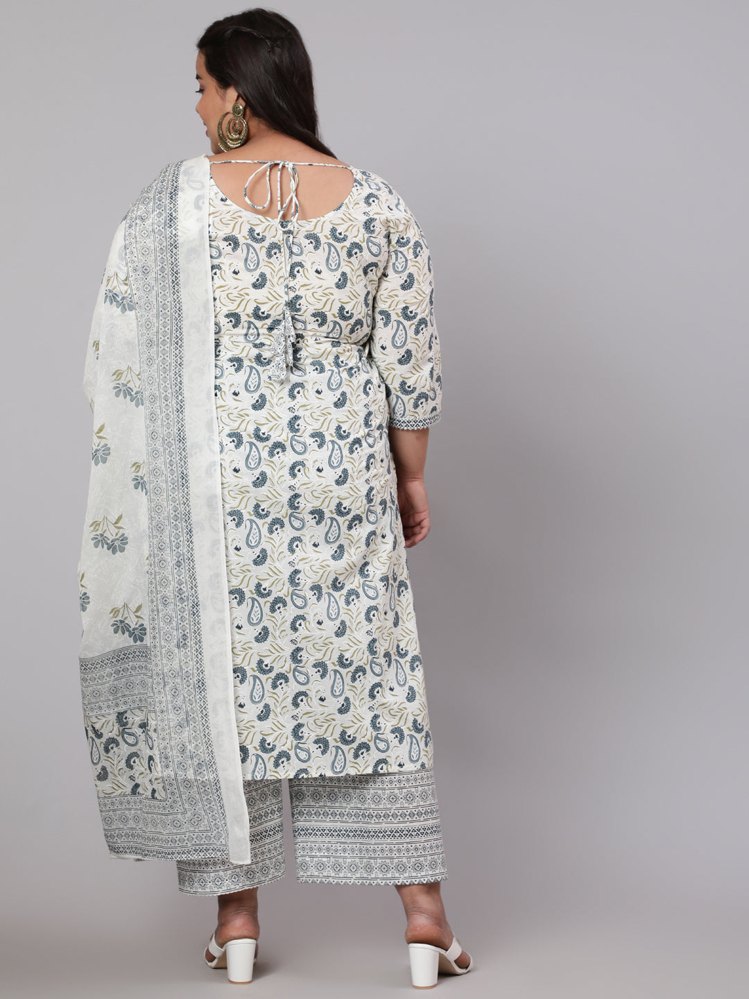 Plus Size Grey Printed Kurta And Palazzo With Dupatta