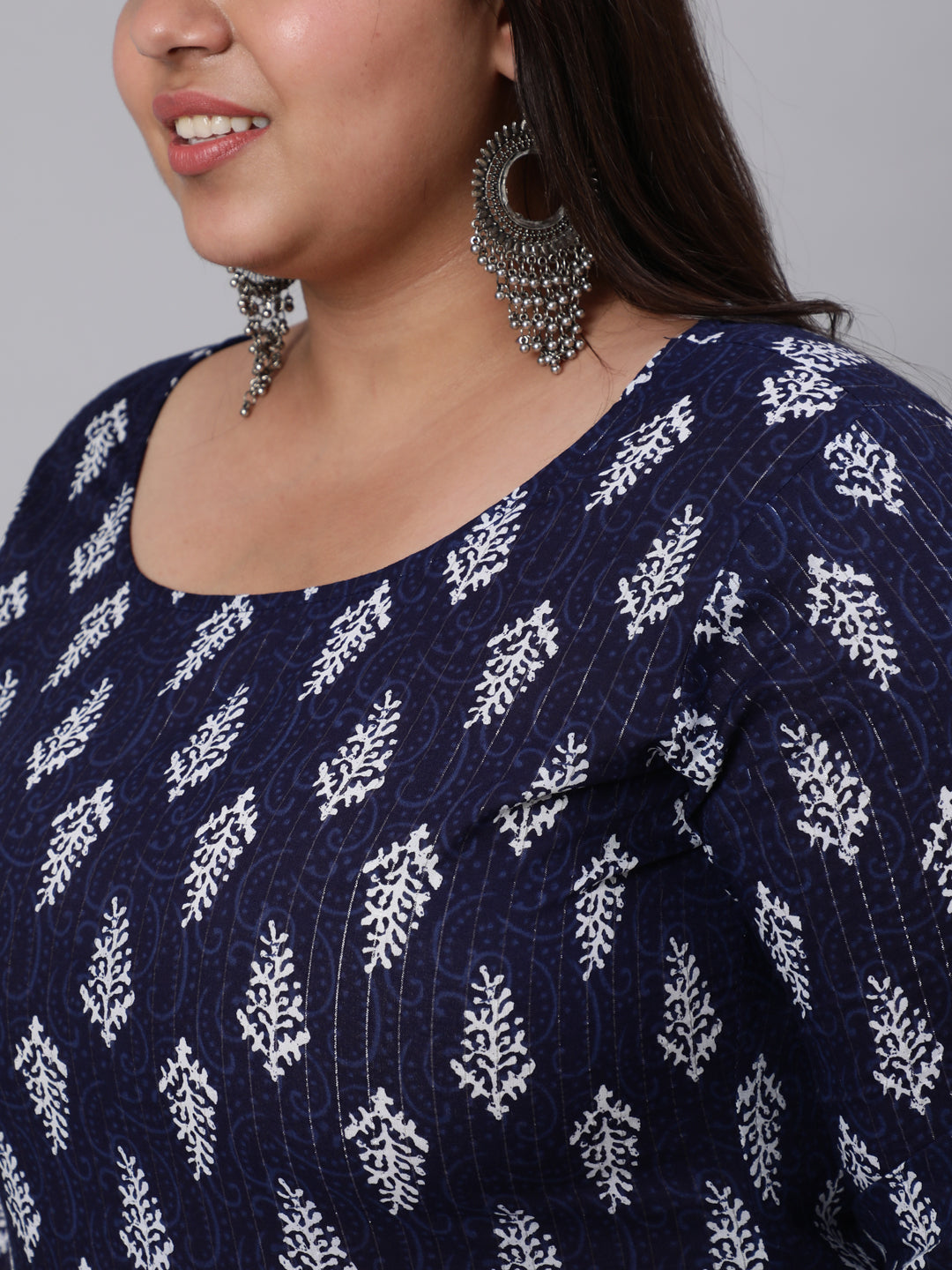 Plus Size Navy Blue floral Printed Kurta And Palazzo With Dupatta