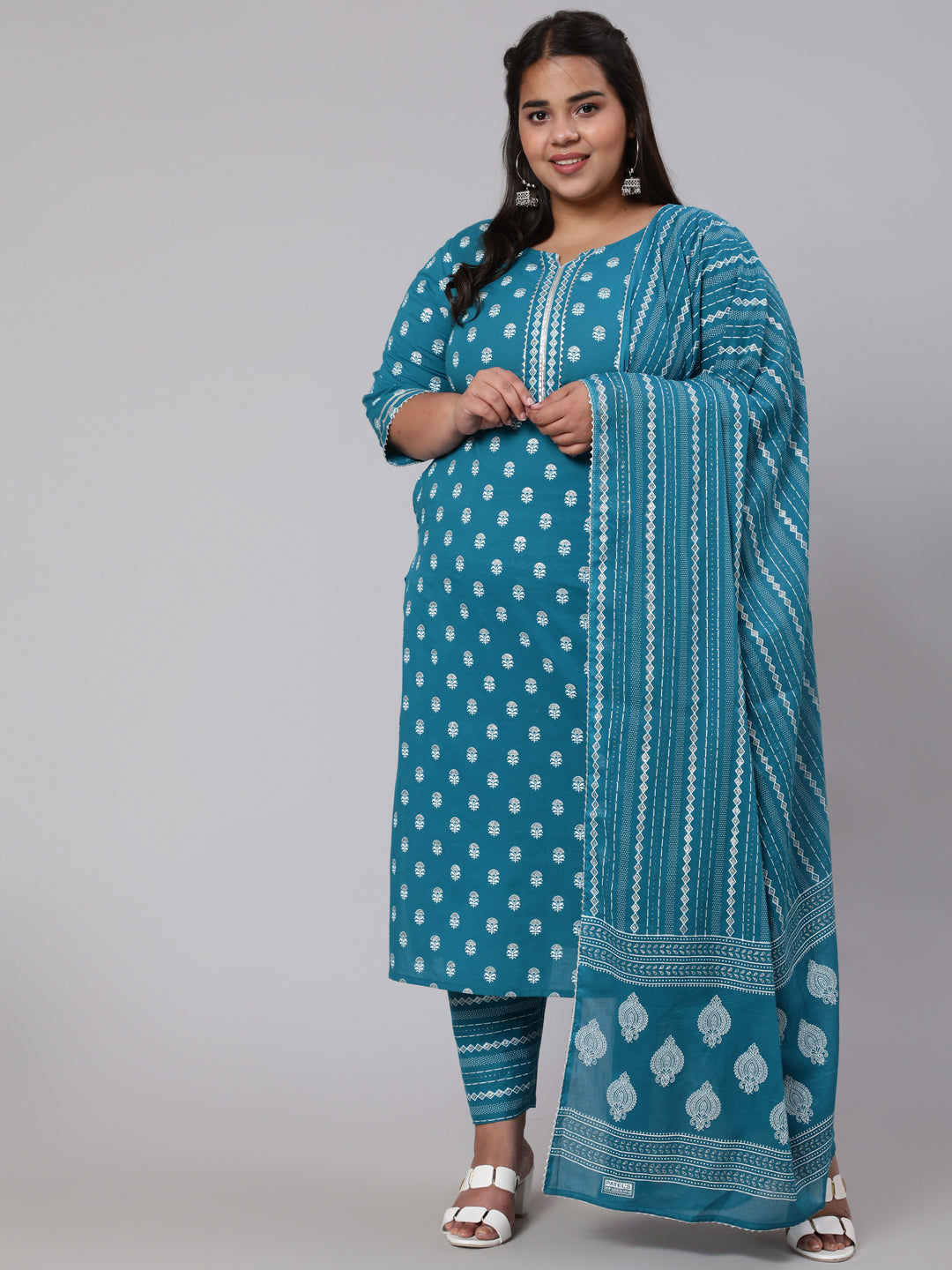 Plus Size Blue Printed Straight Kurta With Palazo & Dupatta