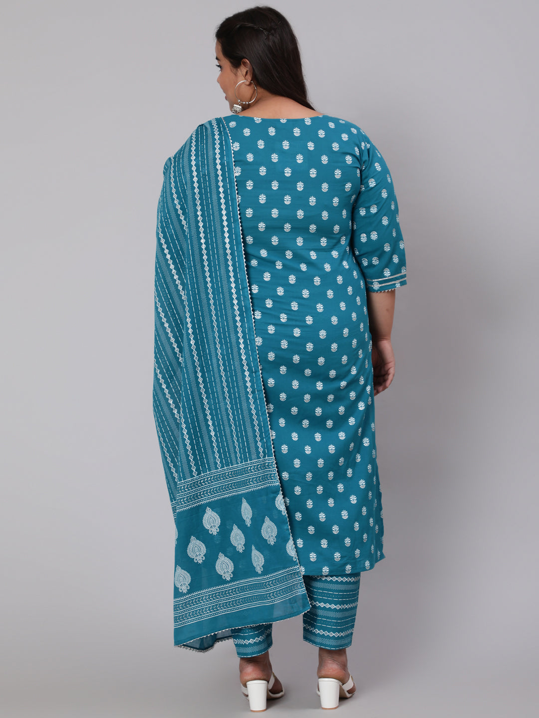 Plus Size Blue Printed Straight Kurta With Palazo & Dupatta