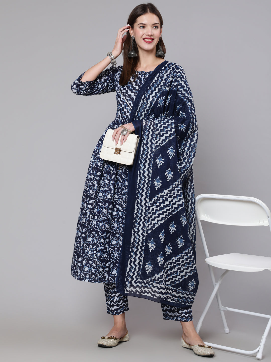 Navy Blue Printed Flared Karta With Trouser And Dupatta