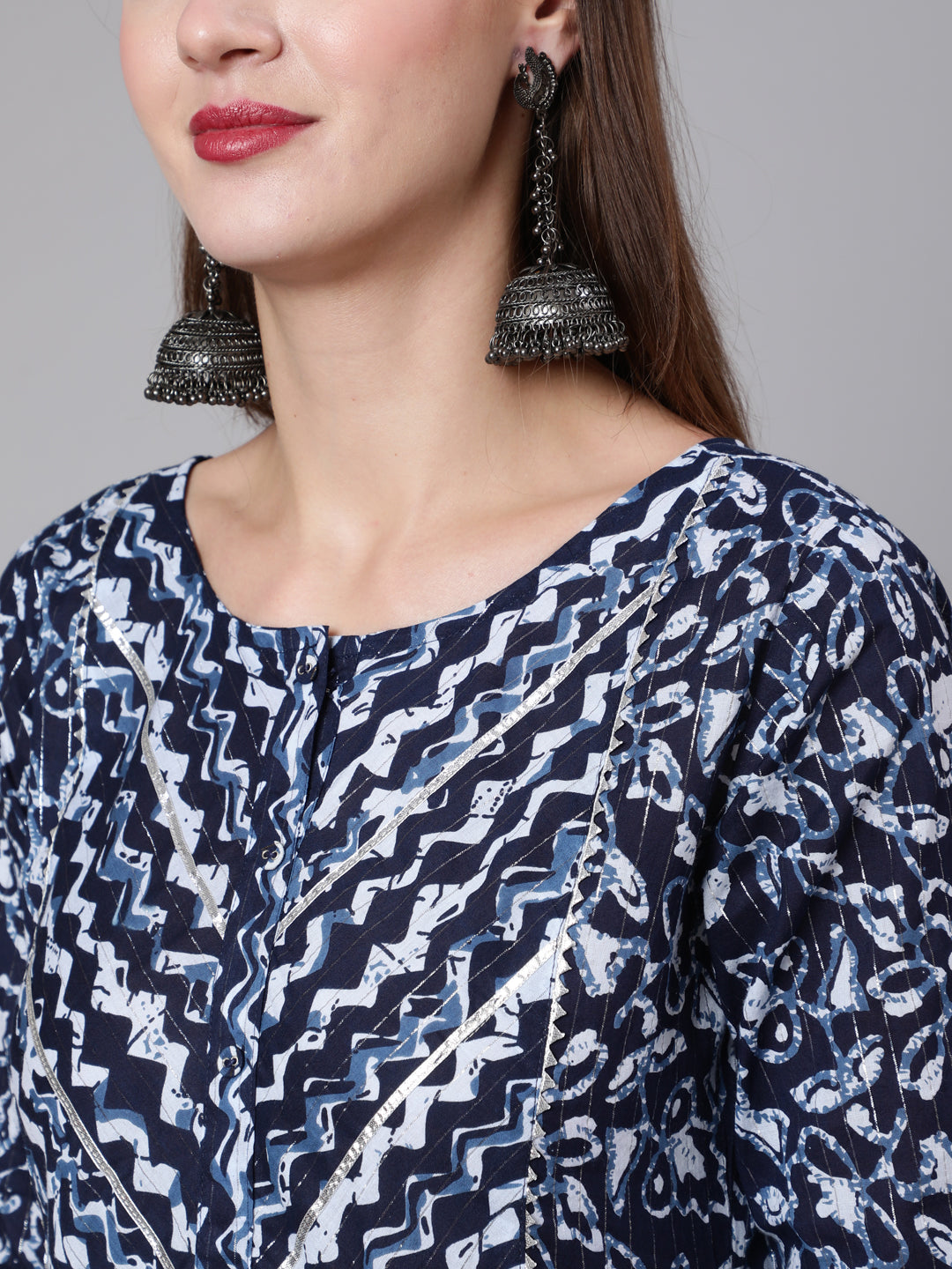 Navy Blue Printed Flared Karta With Trouser And Dupatta