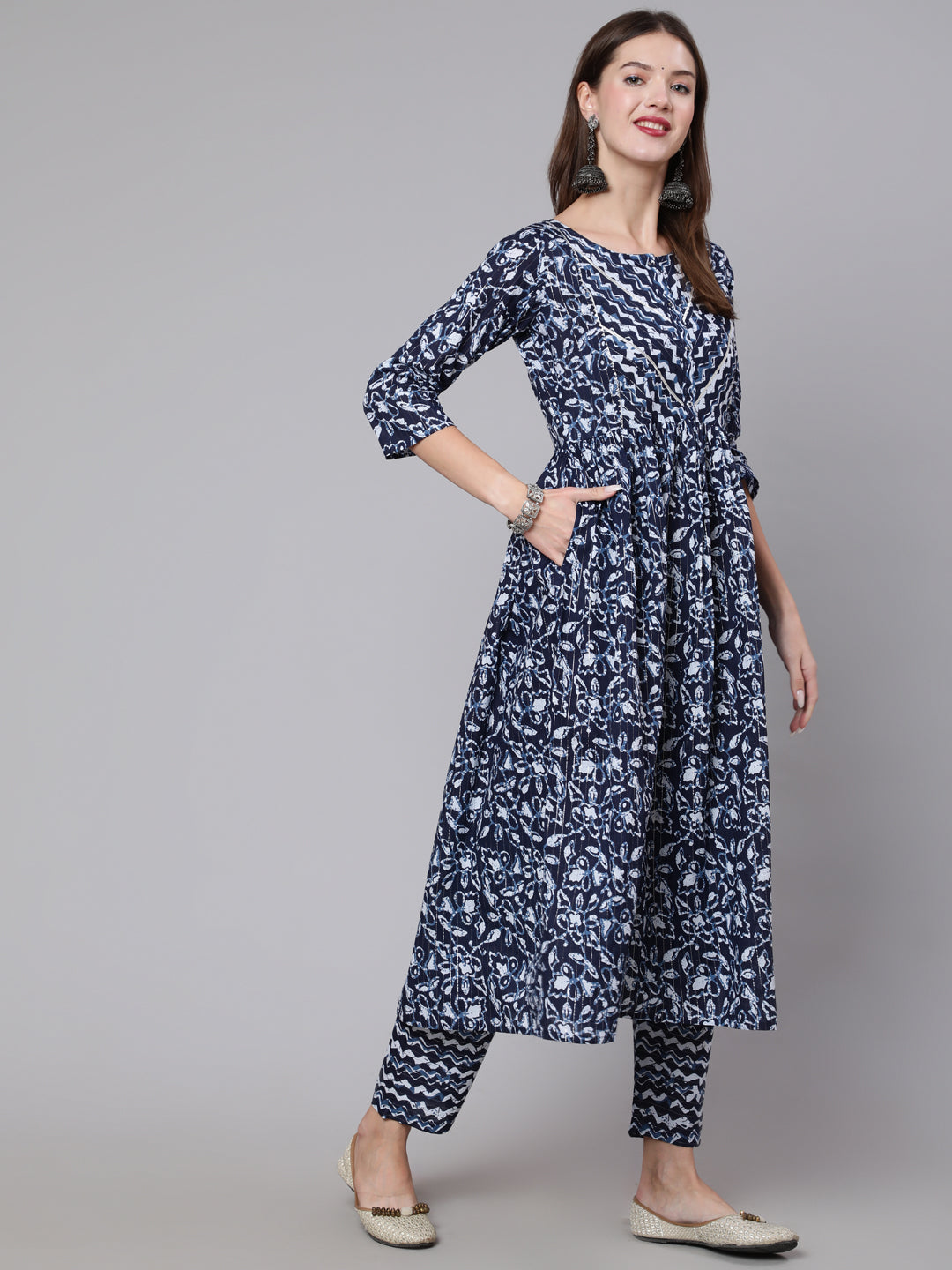 Navy Blue Printed Flared Karta With Trouser And Dupatta