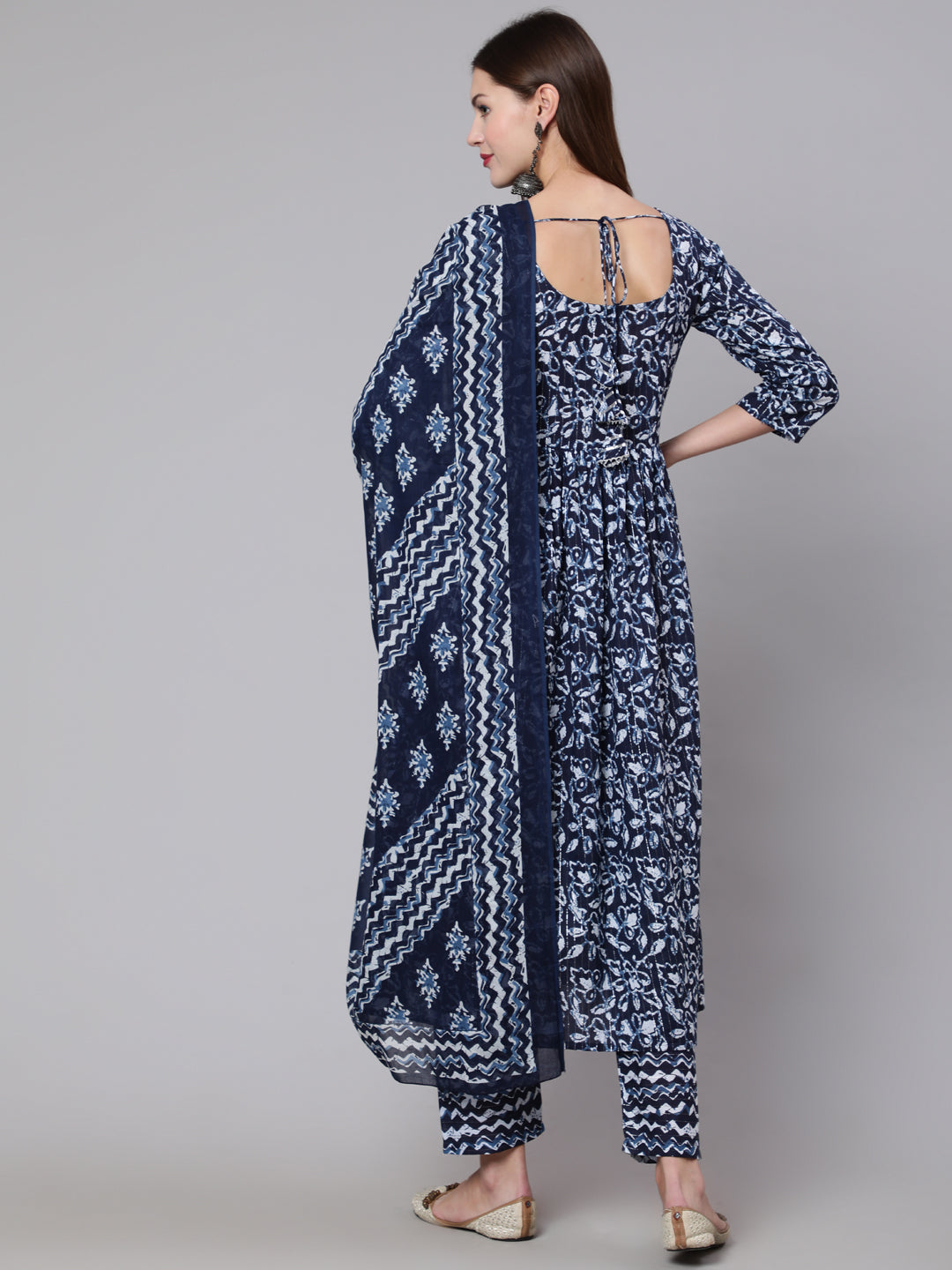 Navy Blue Printed Flared Karta With Trouser And Dupatta