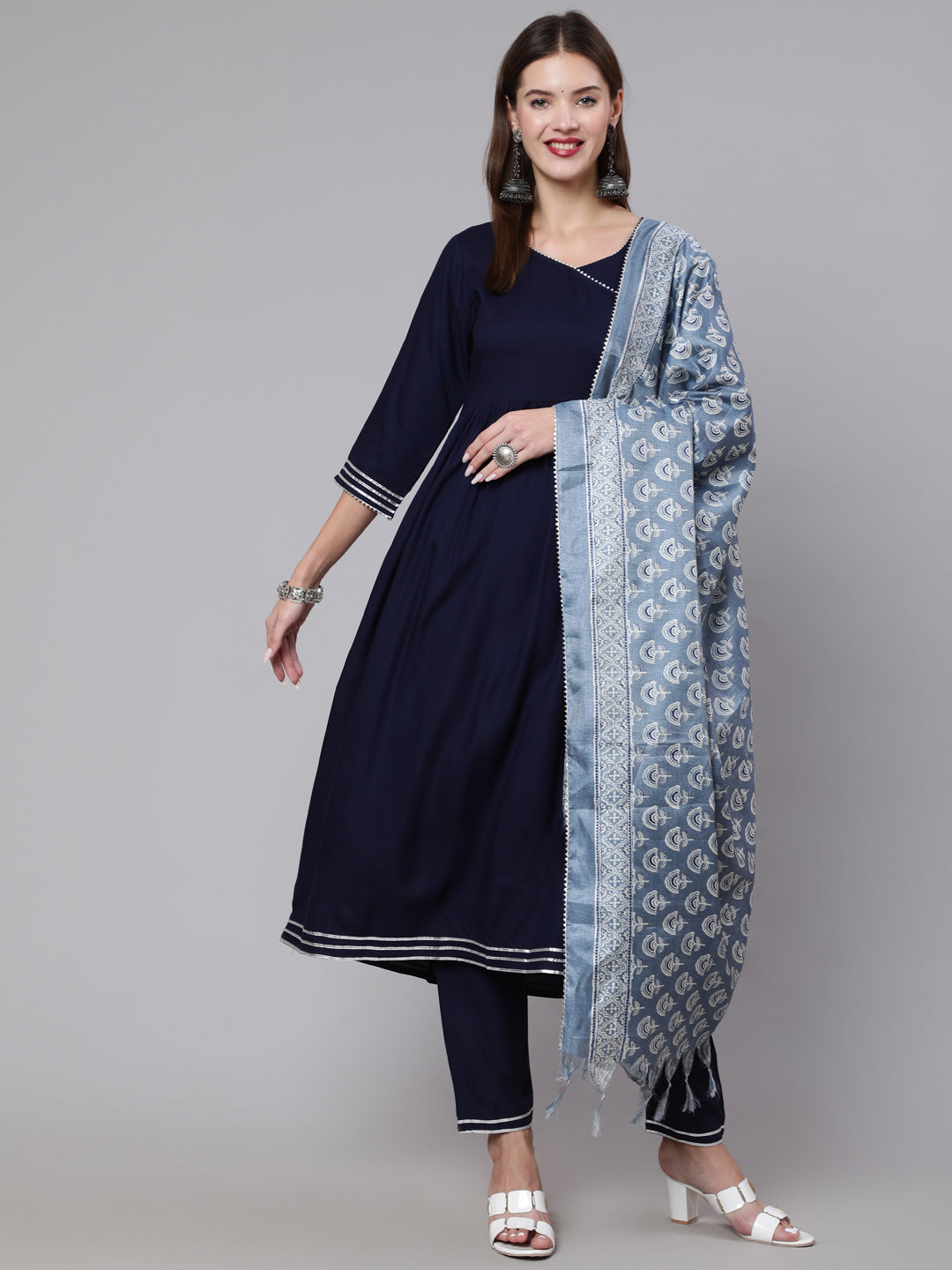Navy Blue Solid Flared Kurta With Trouser And Dupatta