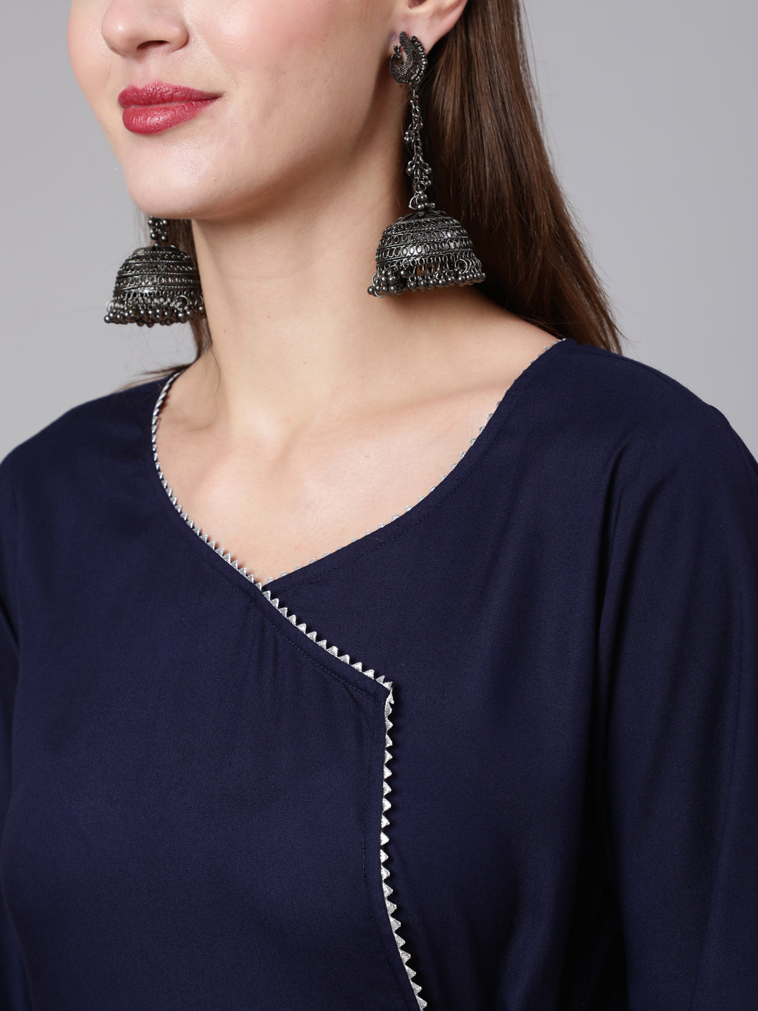 Navy Blue Solid Flared Kurta With Trouser And Dupatta