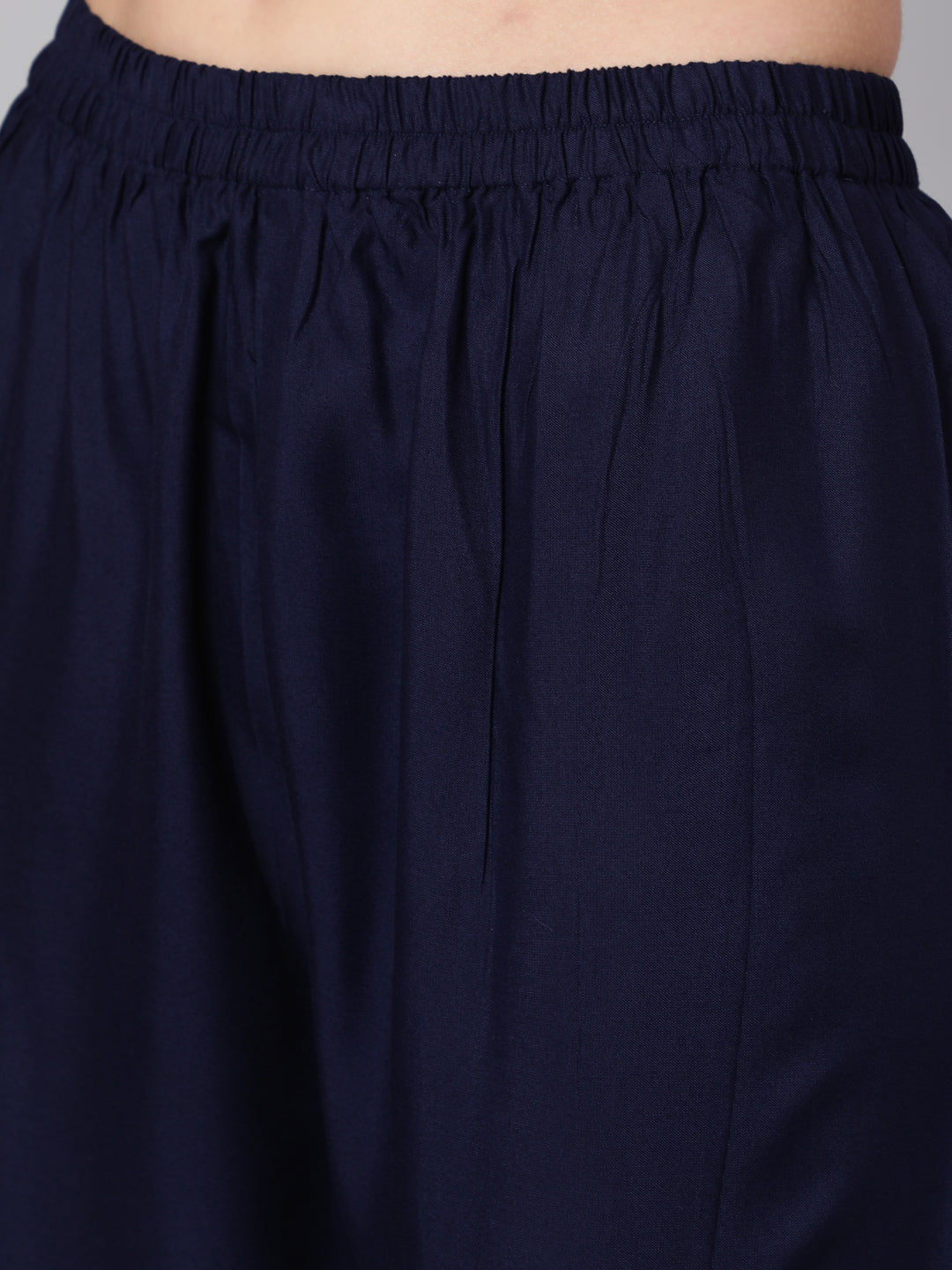 Navy Blue Solid Flared Kurta With Trouser And Dupatta