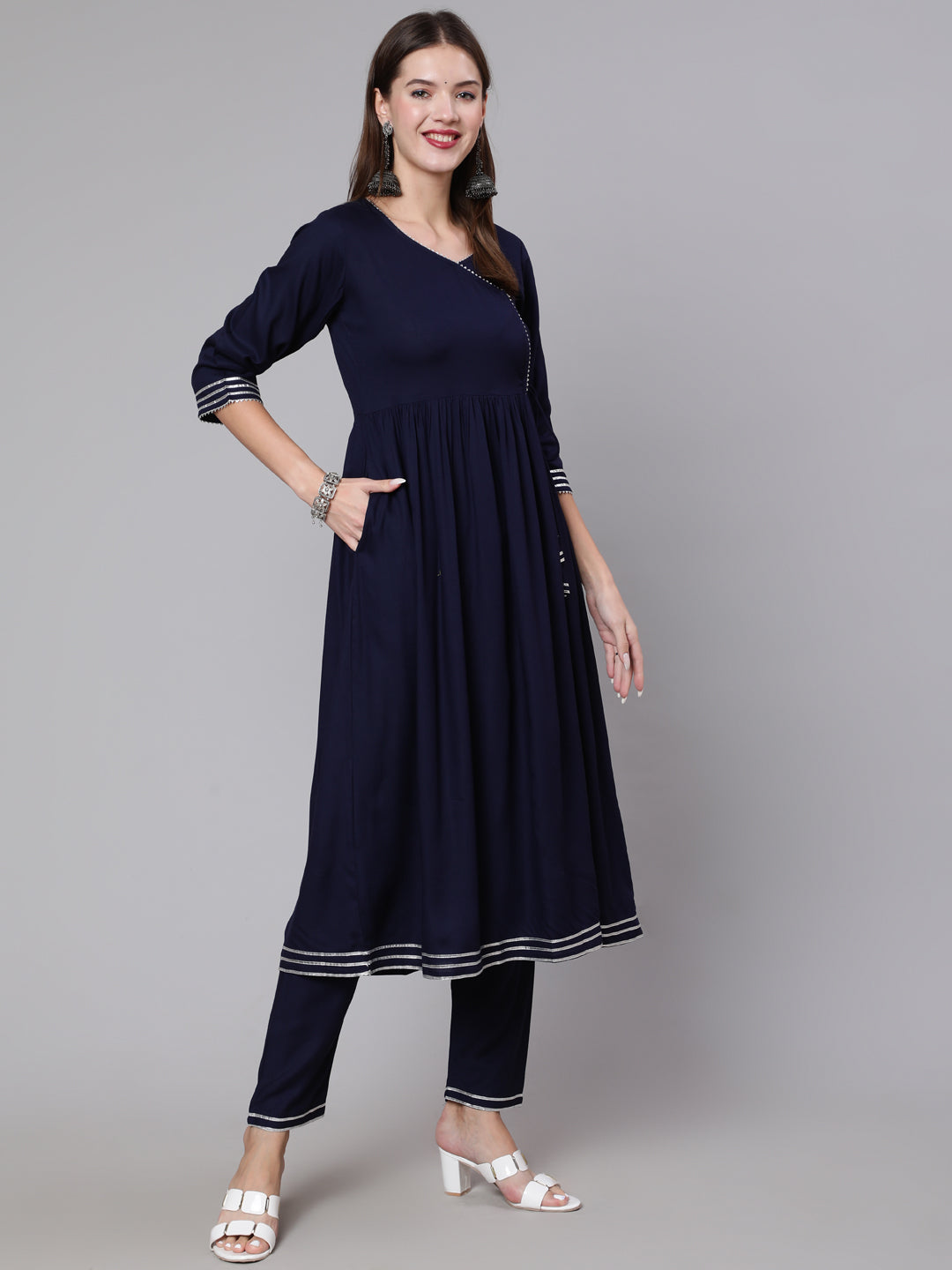 Navy Blue Solid Flared Kurta With Trouser And Dupatta