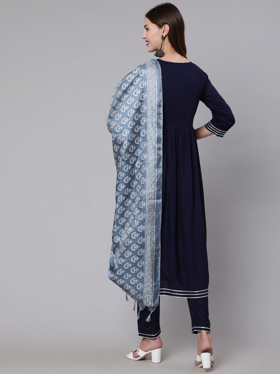 Navy Blue Solid Flared Kurta With Trouser And Dupatta