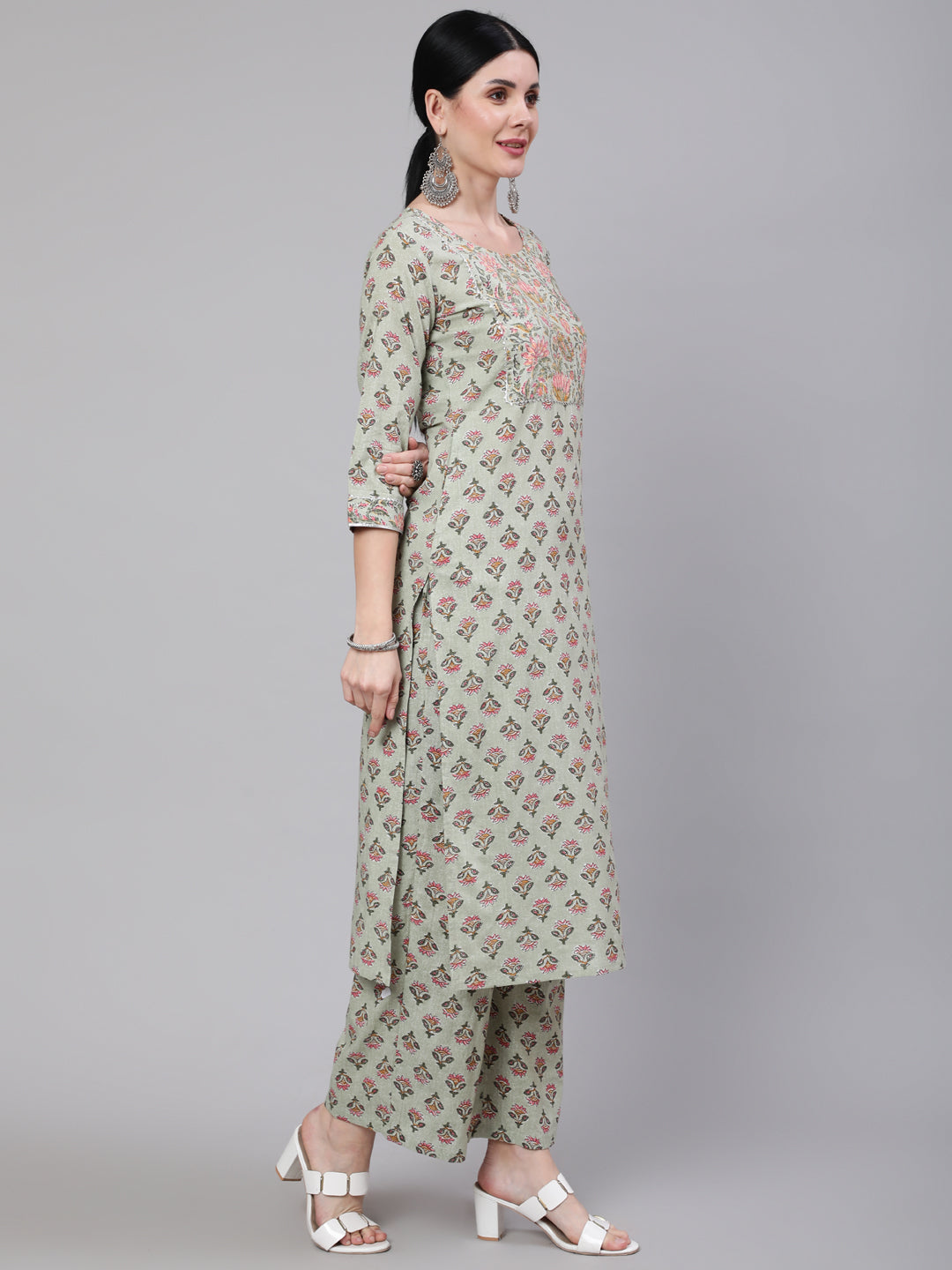 Green Printed Straight Kurta With Palazzo & Dupatta