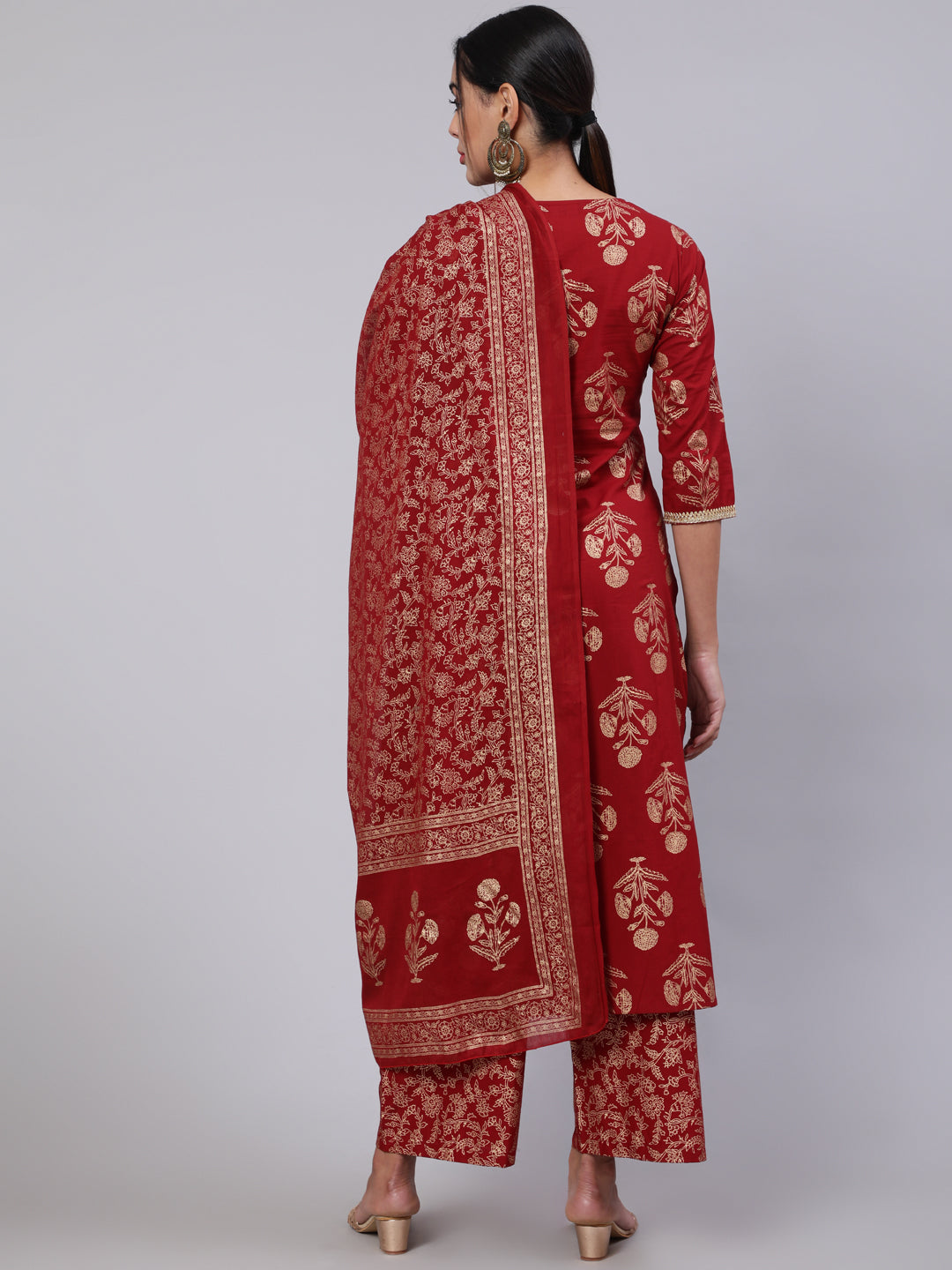 Maroon Ethnic Printed Kurta With Palazzo And Dupatta