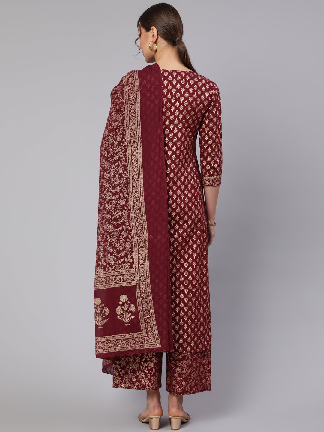 Burgundy Ethnic Printed Kurta With Palazzo And Dupatta