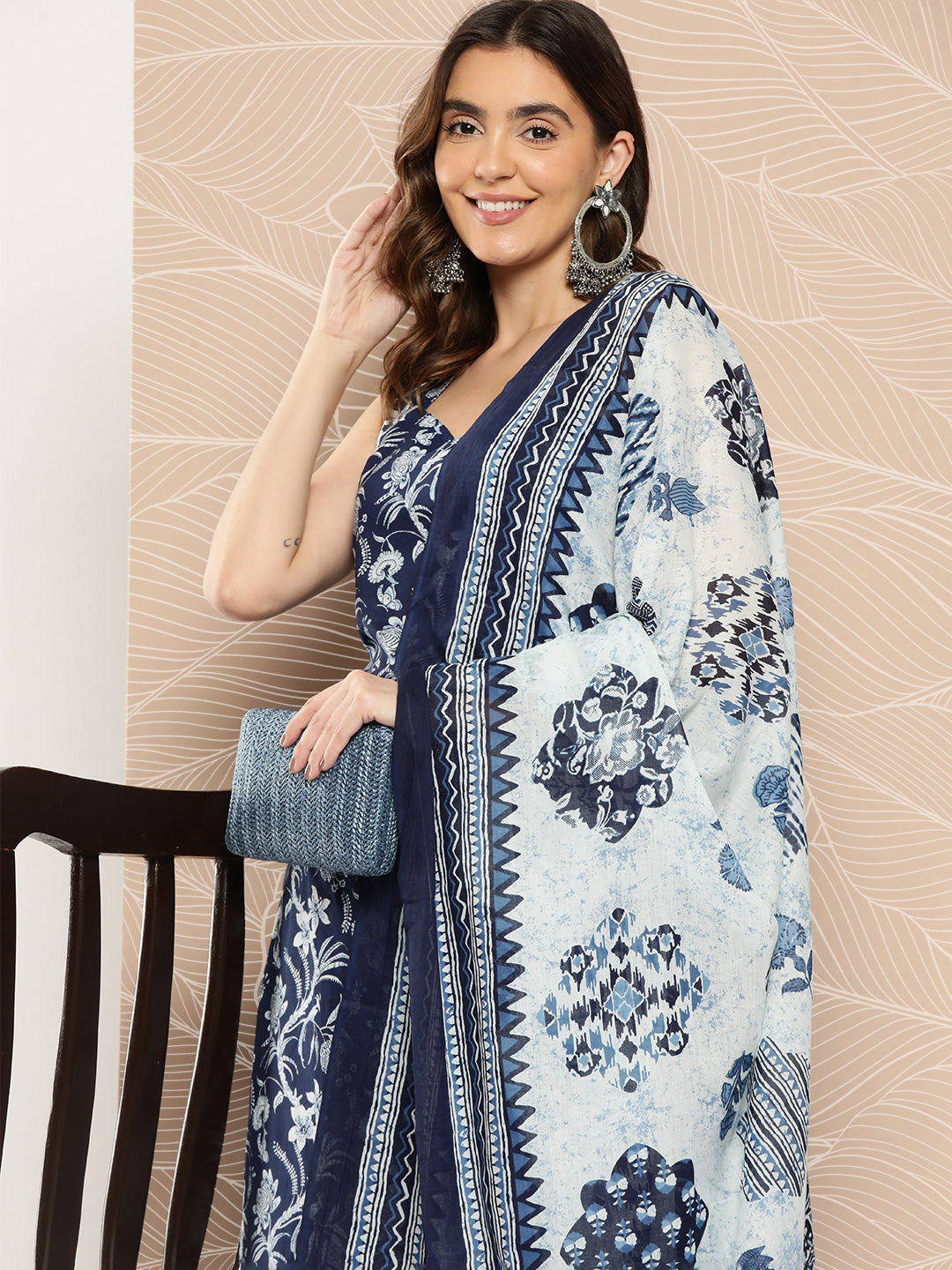 Blue Paisley Printed Straight Kurta With Trouser And Dupatta
