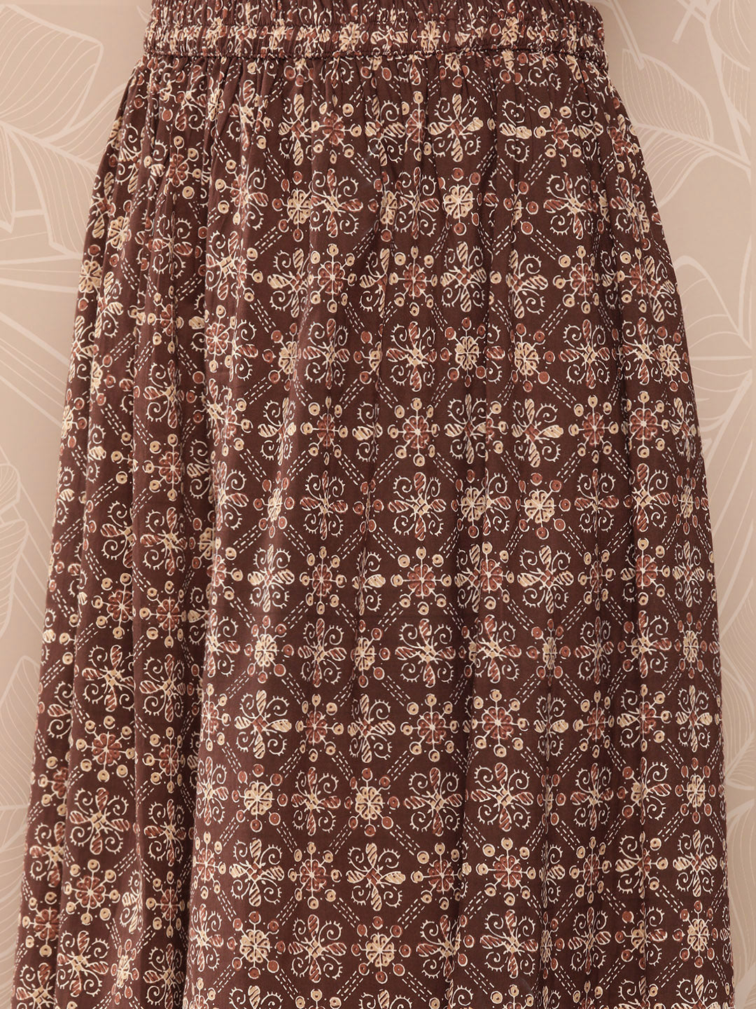 Brown Ethnic Printed Straight Kurta With Skirt And Dupatta