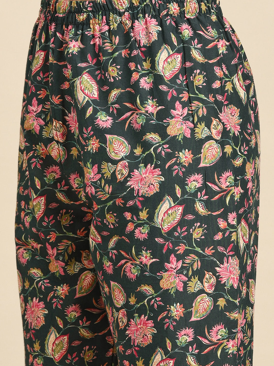 Green & Pink Floral Anarkali Kurta With Trouser And Dupatta