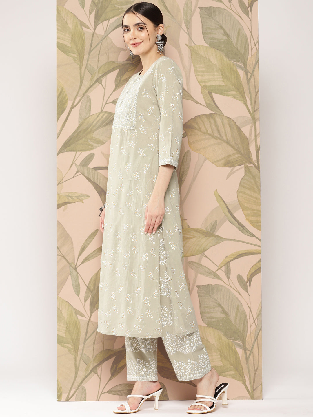 Green Embroidered Straight Kurta With Palazzo And Dupatta