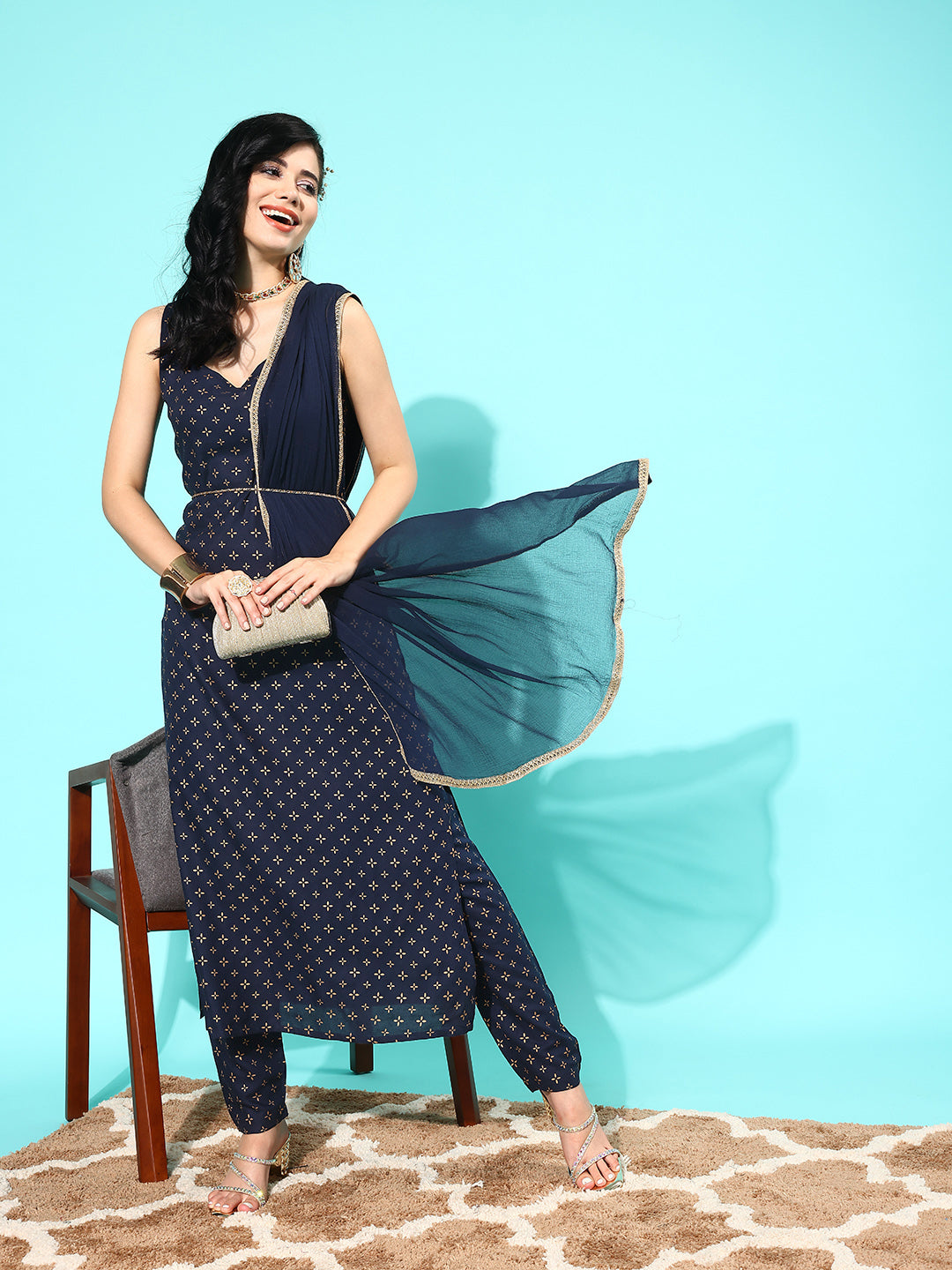 Navy Blue Ethnic Printed Sleeveless Kurta With Trouser And Dupatta