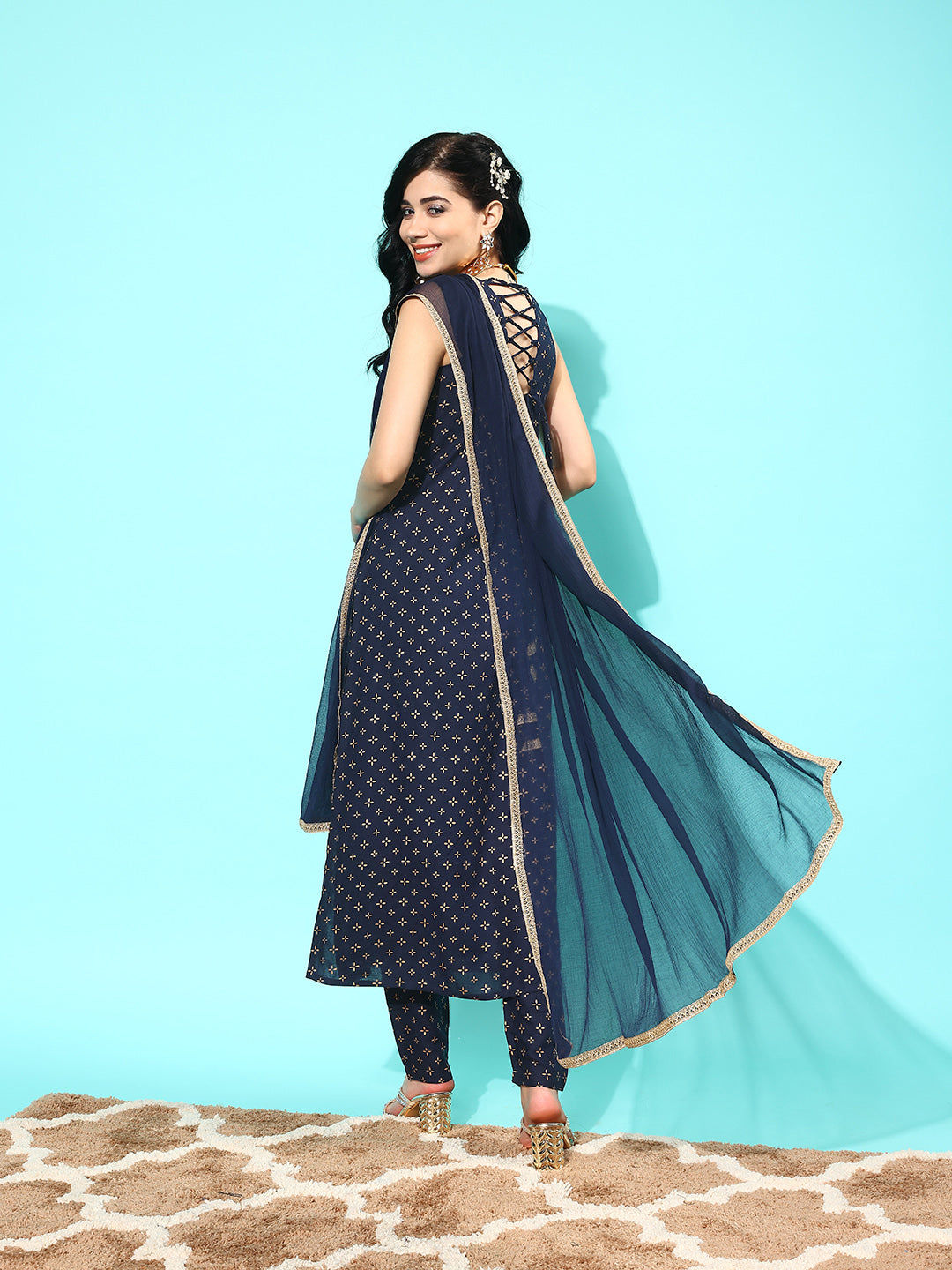 Navy Blue Ethnic Printed Sleeveless Kurta With Trouser And Dupatta