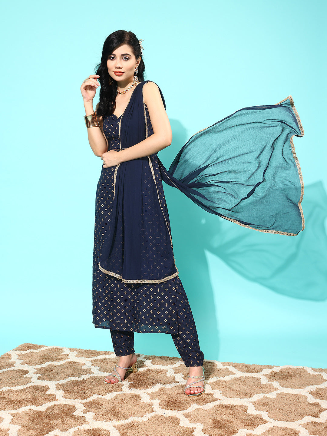 Navy Blue Ethnic Printed Sleeveless Kurta With Trouser And Dupatta