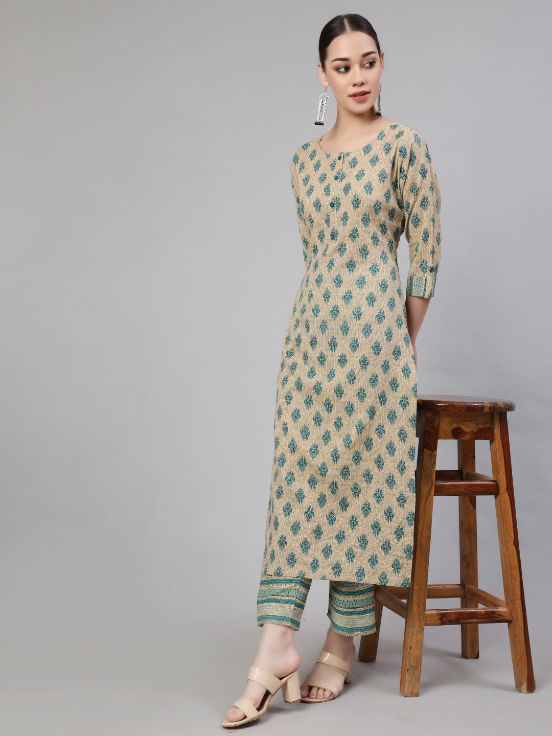 Beige Ethnic Printed Straight Kurta With Culottes Palazzo