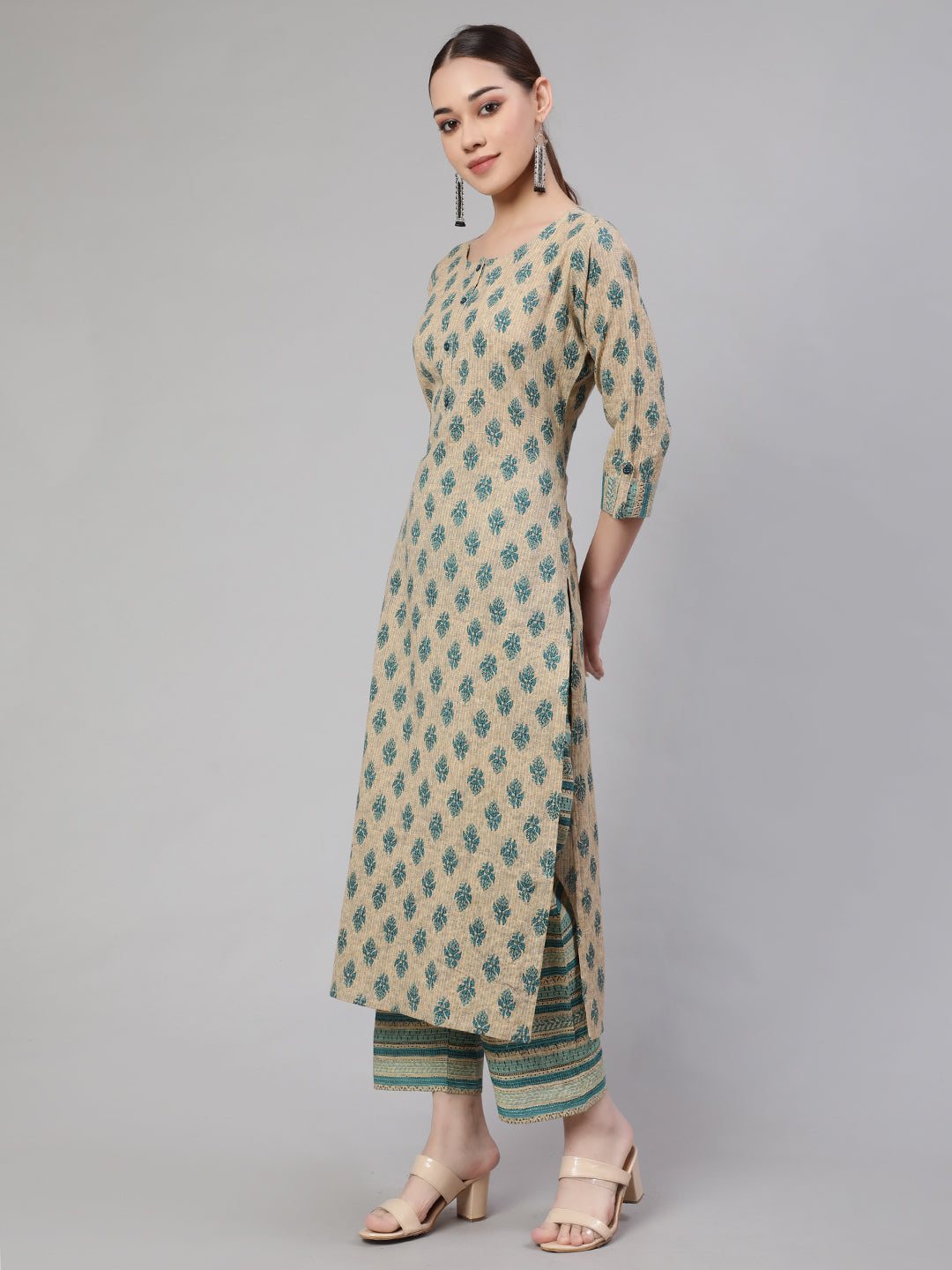 Beige Ethnic Printed Straight Kurta With Culottes Palazzo