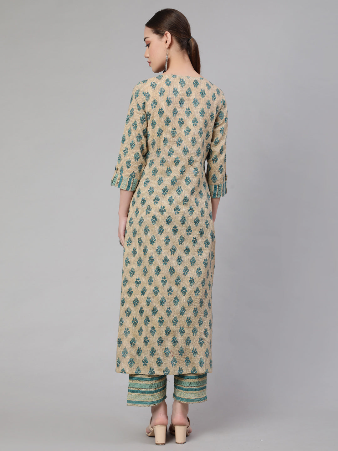 Beige Ethnic Printed Straight Kurta With Culottes Palazzo