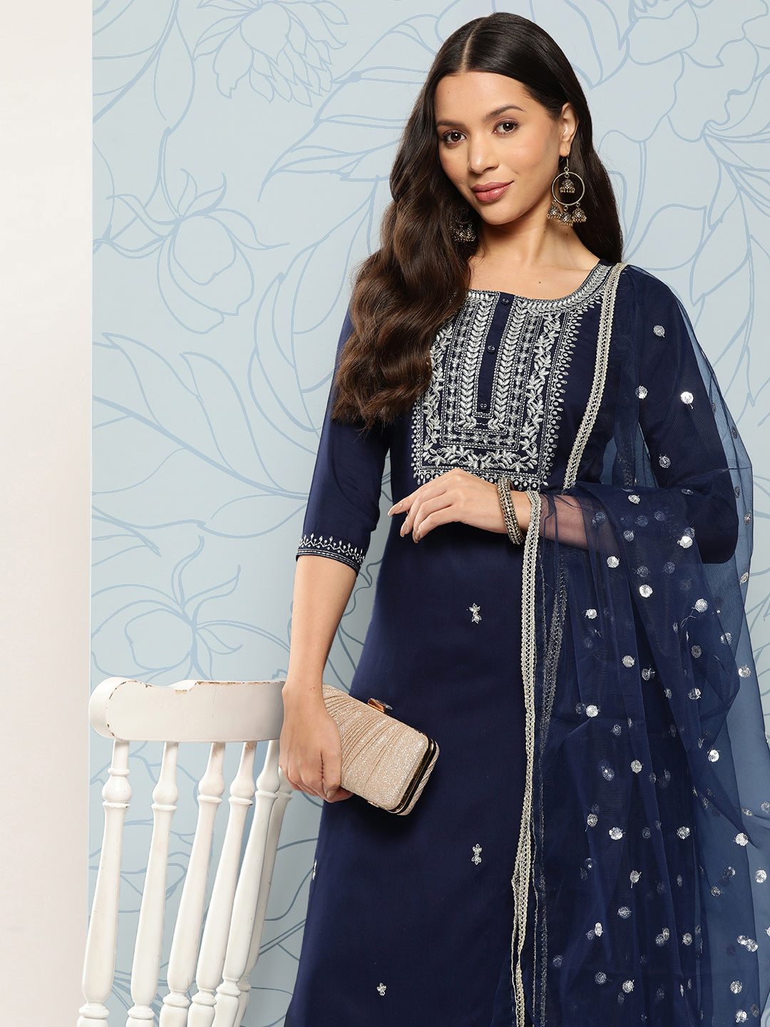 Navy Blue Embroidered Straight Kurta With Palazzo And Dupatta