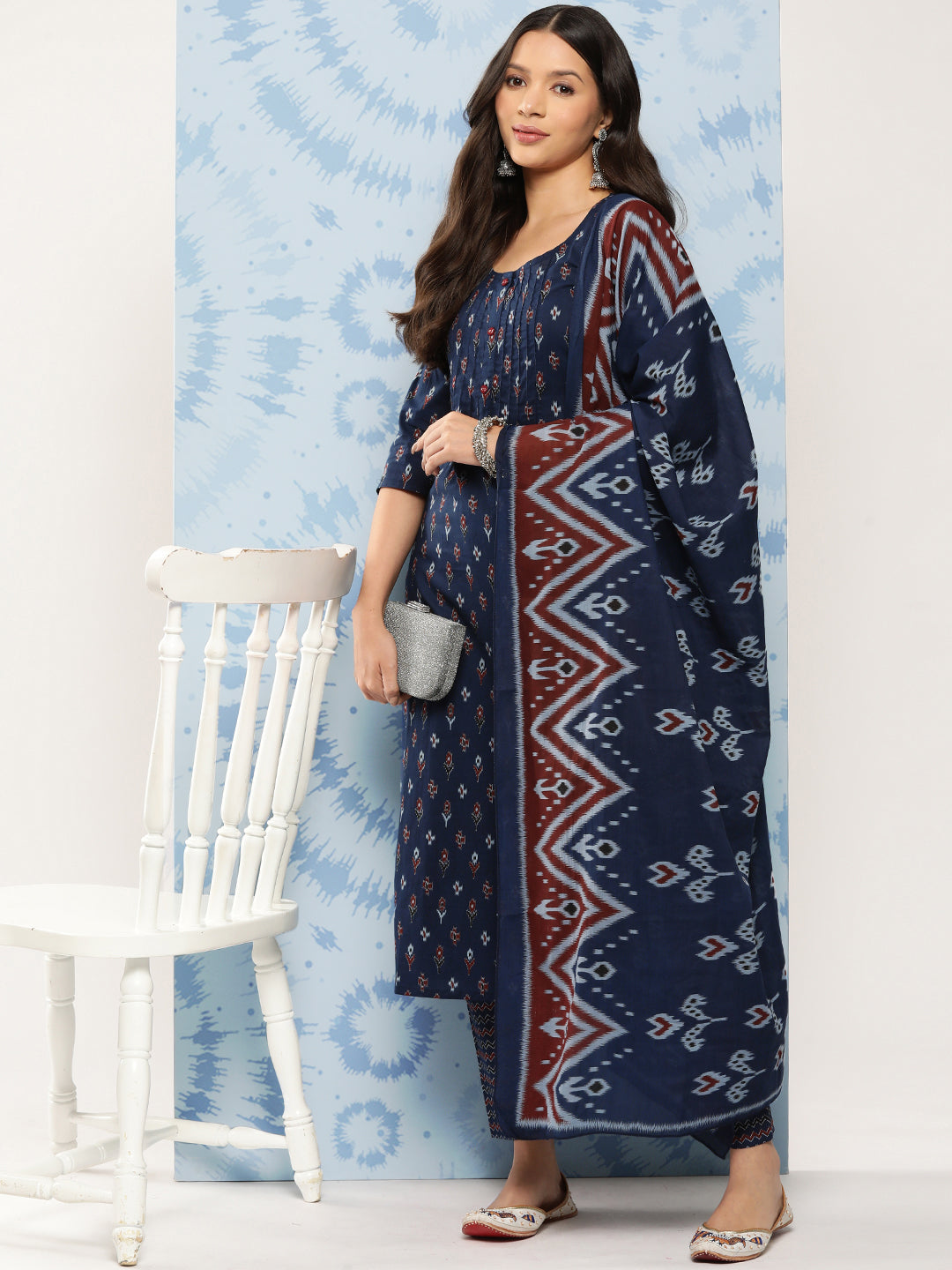 Blue Ethnic Printed Straight Kurta With Trouser