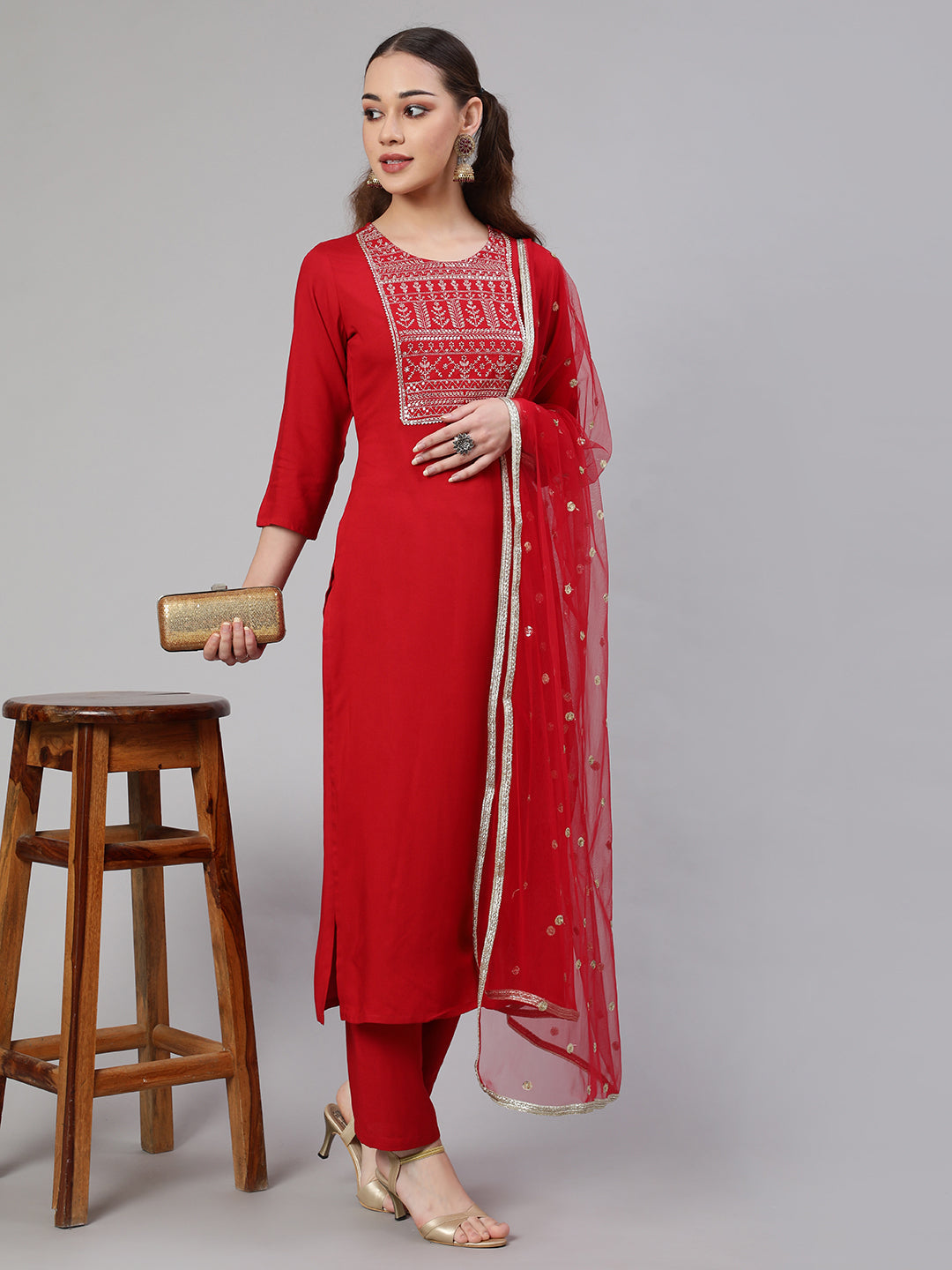 Red Embroidered Straight Kurta With Palazzo And Net Dupatta