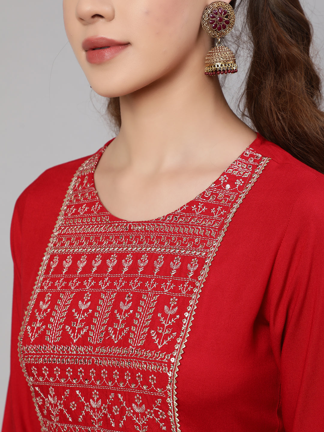 Red Embroidered Straight Kurta With Palazzo And Net Dupatta